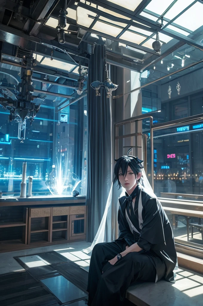 Sakuya, Magic Punk Style, Incredibly absurd, Concept Art, Highest quality, Perfect lighting, figure, Vanishing Point, Sitting, View your viewers, Mature Male Characters, One boy, (No mouth:1.3), Men&#39;s Center, Masculine, Green Hair, Dyed bangs, Sparkling eyes, wear (Fantasy style crotch and shin guards:1.1), Wheat field, Finely drawn backgrounds, Great background