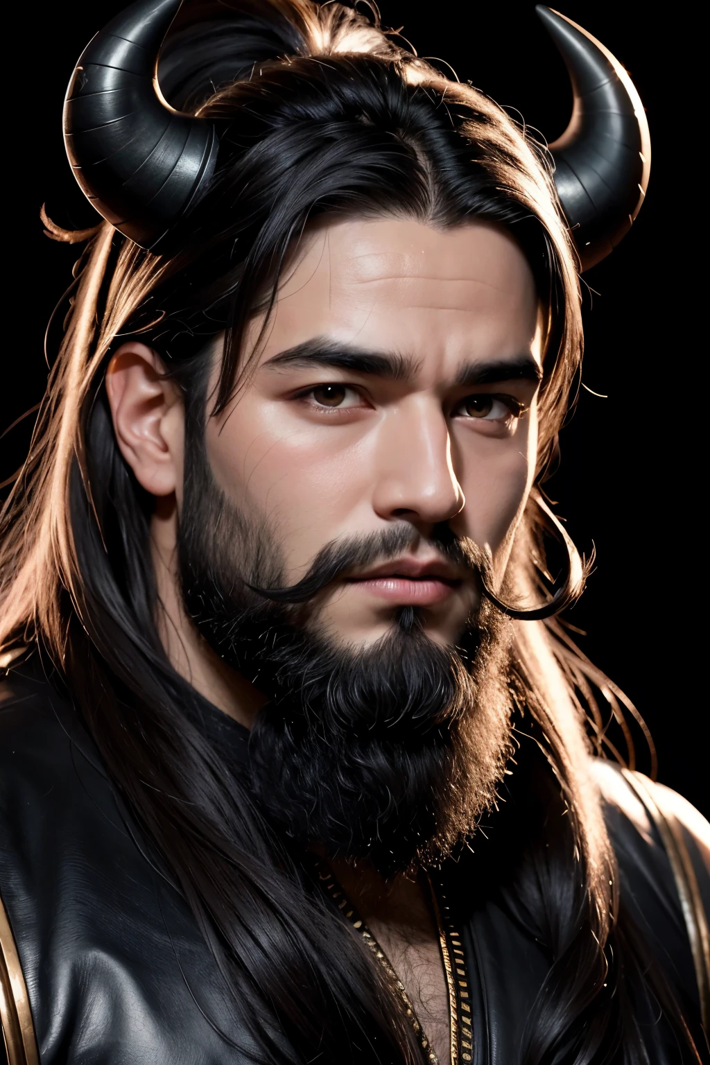 1 man with black horns on his head, long beard, black eye, blush, perfect lighting, black hair long, engine unreal, side lighting, face detailed, shining skin, simple background, background on fire,