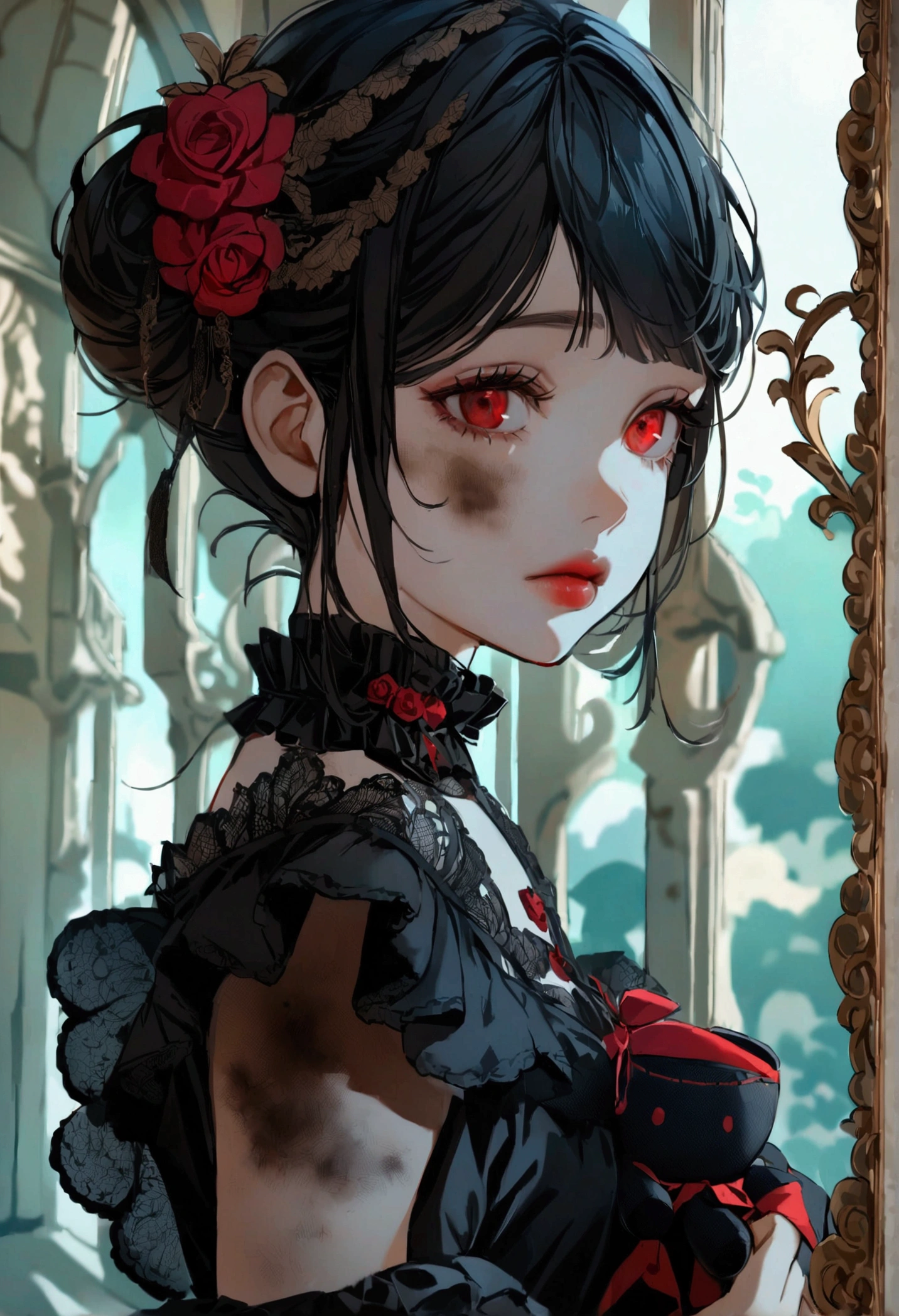 Doll, girl, gothic, Lolita, dirty, full body, black dress, black hair, red eyes,