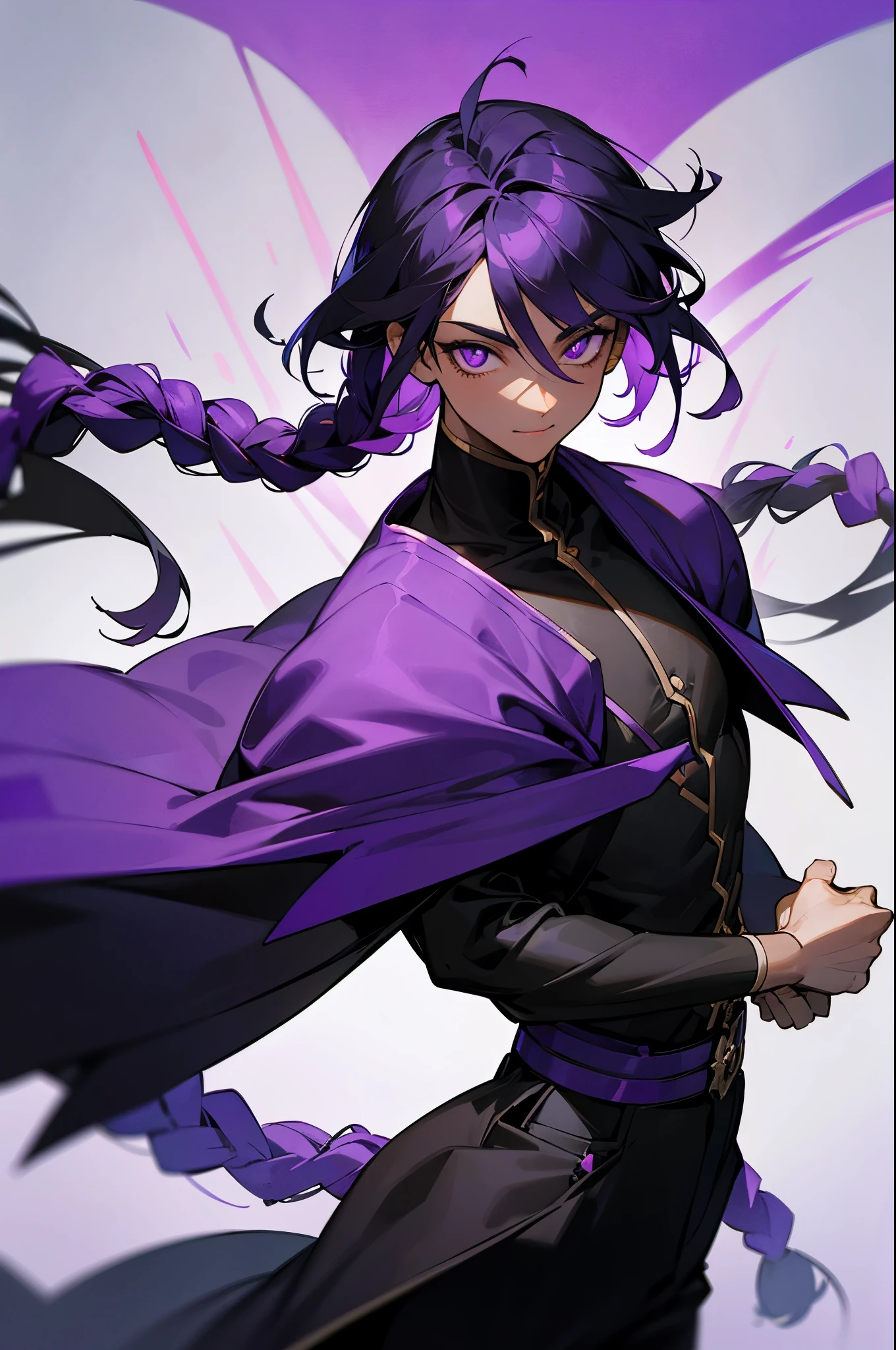 black young man, black and purple hair with two braids, olhos purpura, camiseta branca, black pants, sorriso arrogante, hunter's eyes, face calma,