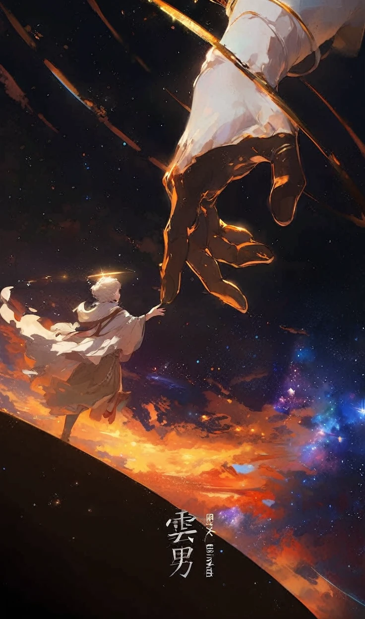 anime - style image of a man reaching for a woman in the sky, by Cyril Rolando, cyril rolando and goro fujita, inspired by Cyril Rolando, makoto shinkai cyril rolando, cyril rolando and m.w kaluta, cyril rolando and m. w kaluta, beautiful anime artwork, in style of cyril rolando