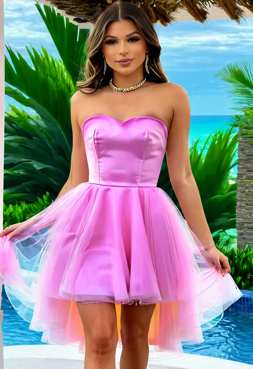 (((high quality:1.2))), (8k), extremely detailed, ((High detail:1.2)) ((best resolution)), (HotLexi woman), Solo, ((24 years old female)), (dress strapless),