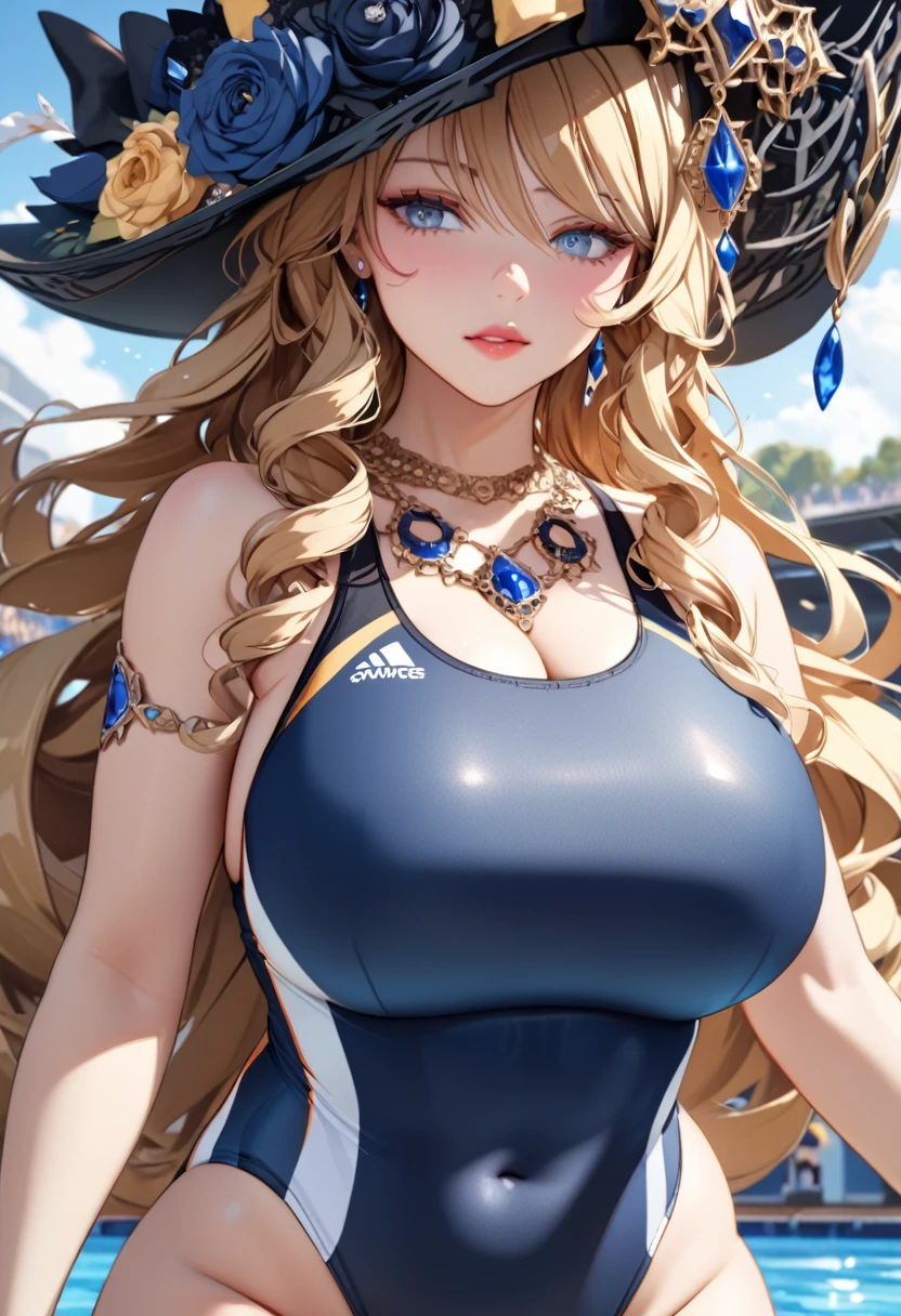 anime, ultra detailed, hyper detailed, best quality, highres, 4K , master piece, 1 female, 17-year-old,  Navia, competition swimsuit, gigantic, huge breast