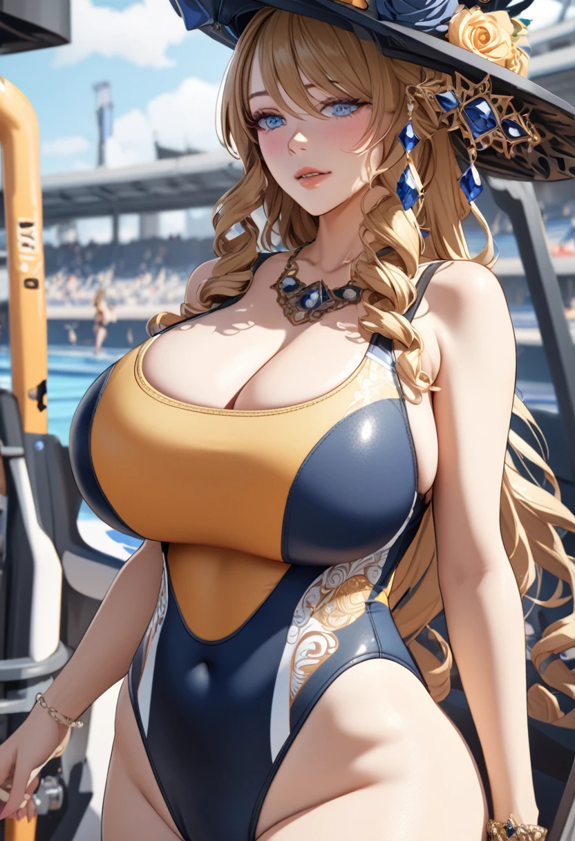 anime, ultra detailed, hyper detailed, best quality, highres, 4K , master piece, 1 female, -yeld,  ia, competition swimsuit, gigantic, huge breast