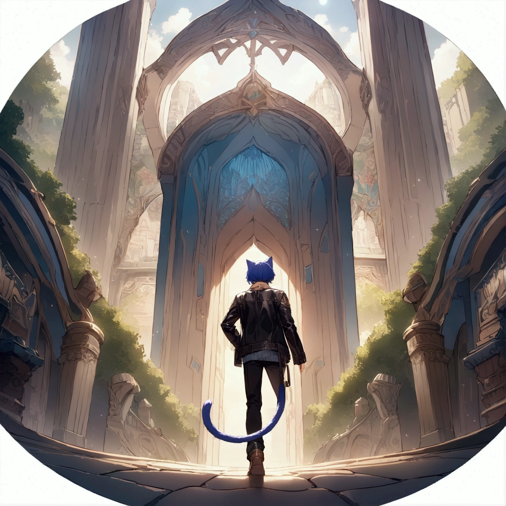 Cute boy with purple and blue hair, Striped Hair, Short Hairstyles, Wearing goggles and a leather jacket, Colorful Tattoos, Detailed accessories, ([Cat tail and ears]:1.3), (Intricate details), High resolution, (Intricate details, Ultra-detailed:1.2), Cinematic shots, Vignette, Centered