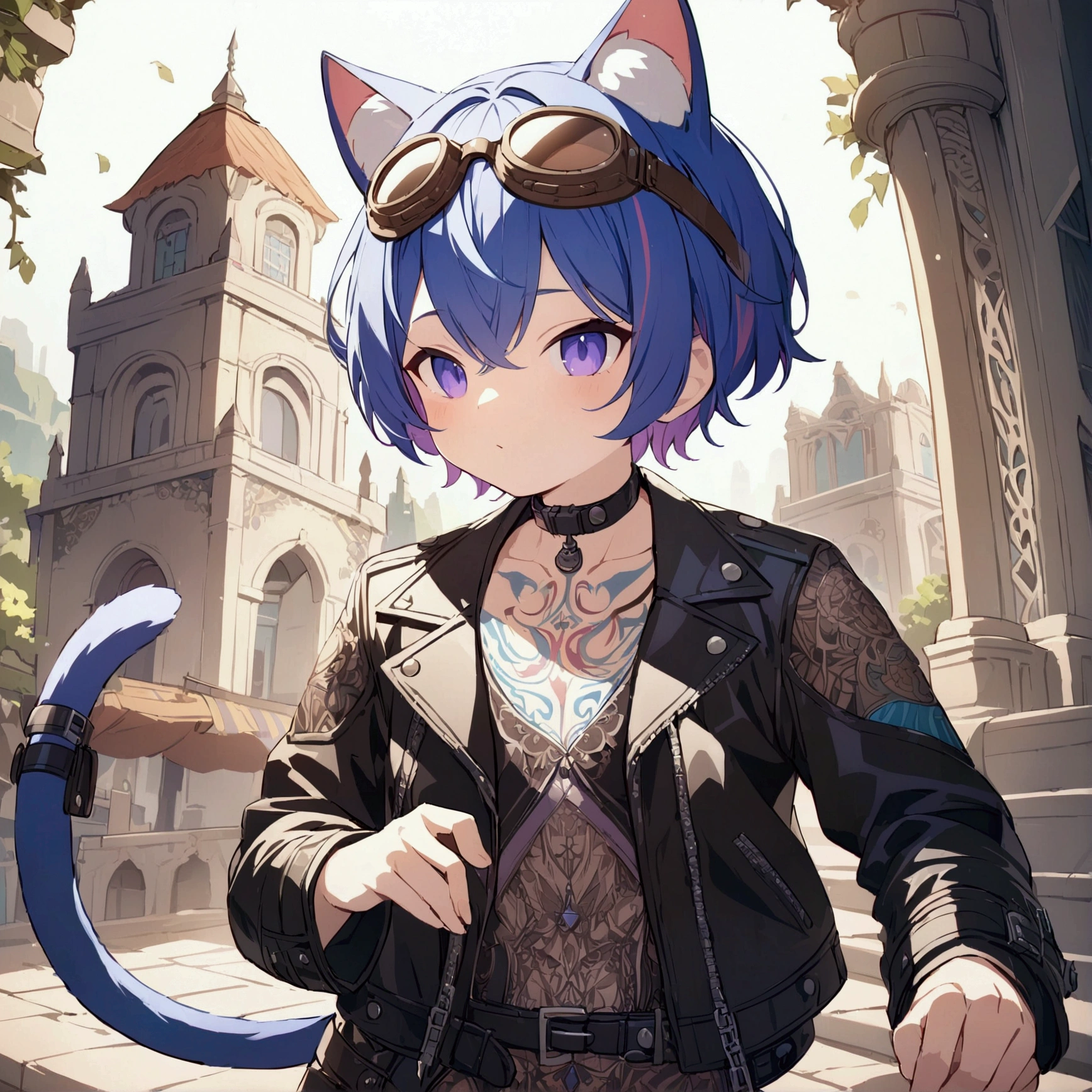 Cute boy with purple and blue hair, Striped Hair, Short Hairstyles, Wearing goggles and a leather jacket, Colorful Tattoos, Detailed accessories, ([Cat tail and ears]:1.3), (Intricate details), High resolution, (Intricate details, Ultra-detailed:1.2), Cinematic shots, Vignette, Centered