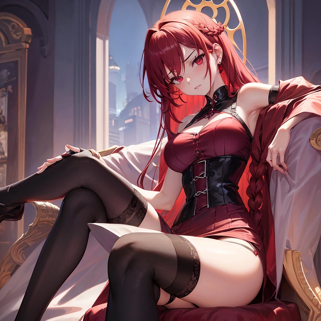 Red hair princess with braid on the side of her hair , with fierce eyes , red eye in short dark purple princess dress, showing very sexy panties. Long dark socks, sitting on a throne. Hottie with big breasts. with legs crossed.