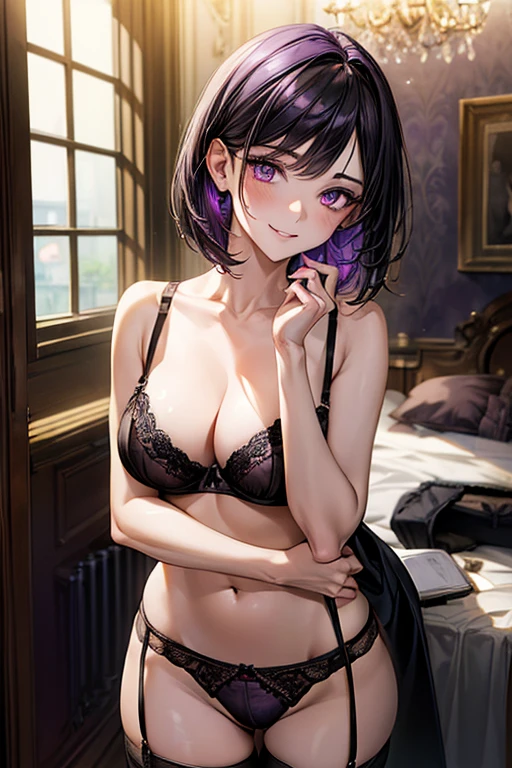 8K, (masterpiece, best quality:1.6), 1 lady, masterpiece, best quality, beautiful eyes,
black hair, Middle Part short bob: 1.5, Center parted bangs,
(purple & black panties, thong, purple & black bra, black garter stockings:1.5), busty, sexy body, beautiful detailed eyes, random model pose, standing, (smile, closed mouth, relaxed eyebrows),
face light, cinematic lighting, sharp focus,