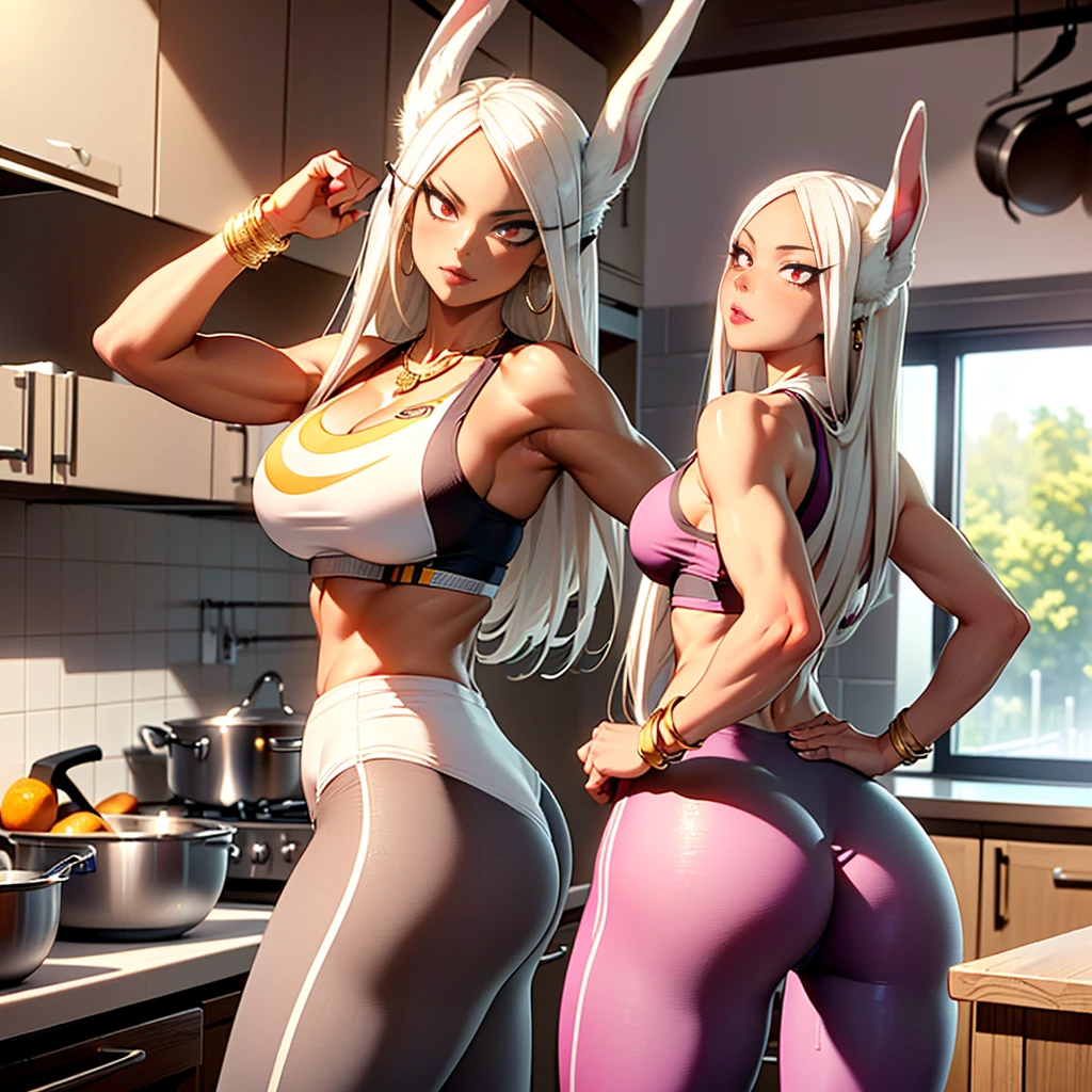 (((1girl, solo, mirko, mirkomha, boku no hero academia, (white hair, red eyes, long hair, rabbit ears, dark skin), lipstick, gold earrings, muscular, fitness)), sensual pose, Beautiful, diamond necklace)), ((solo, 1woman, pink lipstick, Extremely detailed, ambient soft lighting, 4k, perfect eyes, a perfect face, perfect lighting from behind, back towards camera, a 1girl)), austere, ((fitness, milf, absurd proportions, hentai body, absurd ass, shapely body, athletic body, toned body)), (( tight clothes, leggings, sports bra, kitchen, household utensils, pans, pots, shelves, counter, sink, bracelets, elegant decor, sexy ))