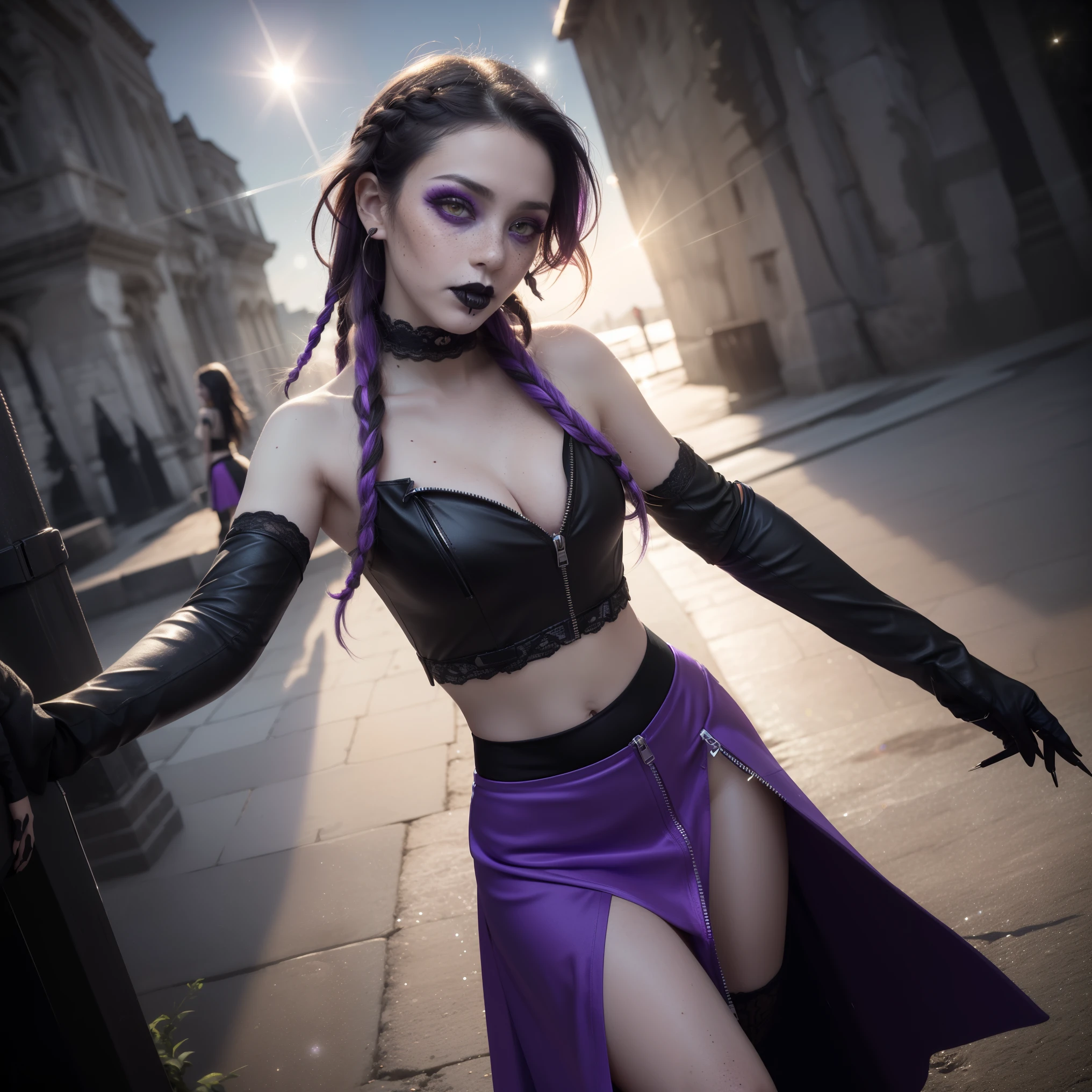 1woman, solo, fingerless gloves, (((long sharp nails))), painted nails, pale skin, gothic, (((long straight black hair with purple highlights))), lavender eyes, combat boots, (((black lipstick))), elbow gloves, (((freckles))), (((hearts))), skulls, gothic punk, (((dark gothic makeup))), (((vampire fangs))), piercing gaze, night, moon, ((((lens flare)))), dramatic, medium cleavage, masterpiece, best quality, 4k, uhd, extremely detailed 8K wallpaper, (((low micro skirt))), (((((low skirt))))), (((crop top))), modern gothic, (((((open micro skirt))))), (((((unzipped micro skirt))))), slim waist, medium bust, midriff, navel, thigh gap, slender waist, neat figure, (((((seductive))))), graffiti, steam, steamy, (((lace top))), (((full body shot))), (((thin braided dreadlocks))), (((High angle))),
