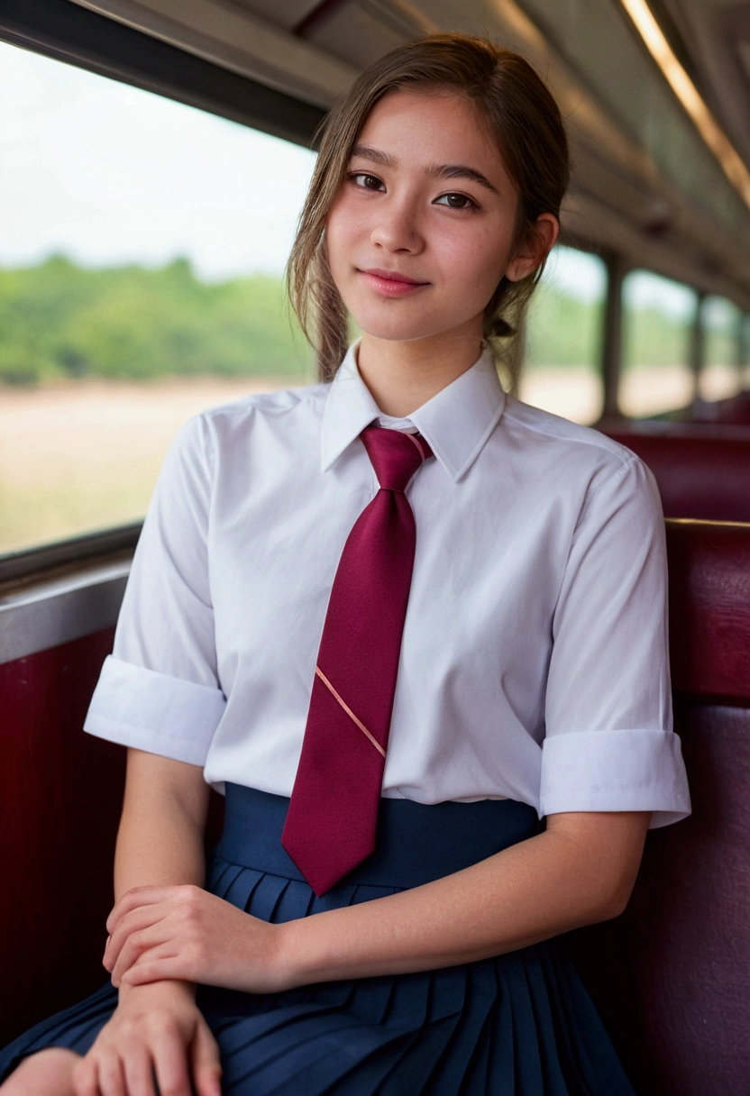 (masterpiece, Highest quality:1.2), 8k,  years, 85mm, Official Art, RAW Photos, Absurd, White dress shirt, Pretty face, close, Upper Body, Violet, Gardenias, beautiful girl, , (Navy Pleated Skirt:1.1), Squeeze the waist, Thighs, Short sleeve, in the train, Sitting on a bench seat, View your viewers, No makeup, (smile:0.4), Film Grain, chromatic aberration, Sharp focus, Face Light, Bright lighting, Teen, Detailed face, Bokeh Background, (Dark red tie:1.1)