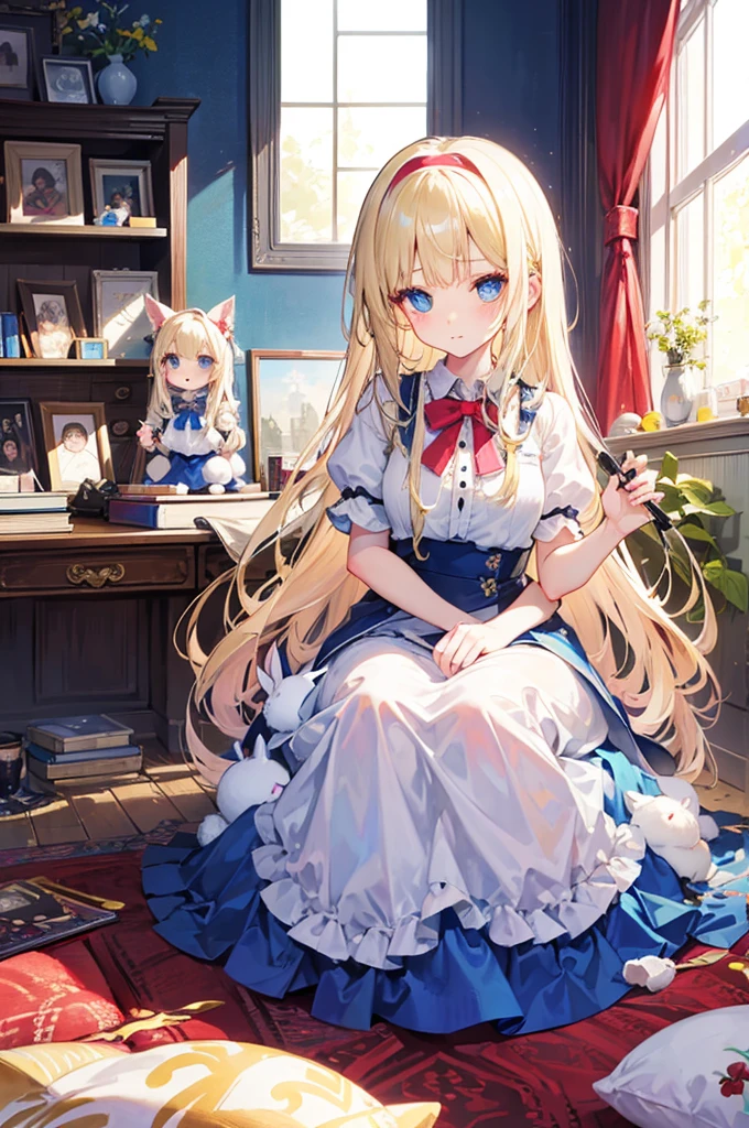 Alice漫游仙境，fairy tales，((Alice))，Light blond long hair，Blue Eyes，Well-behaved and cute，Toy Room，rabbit，