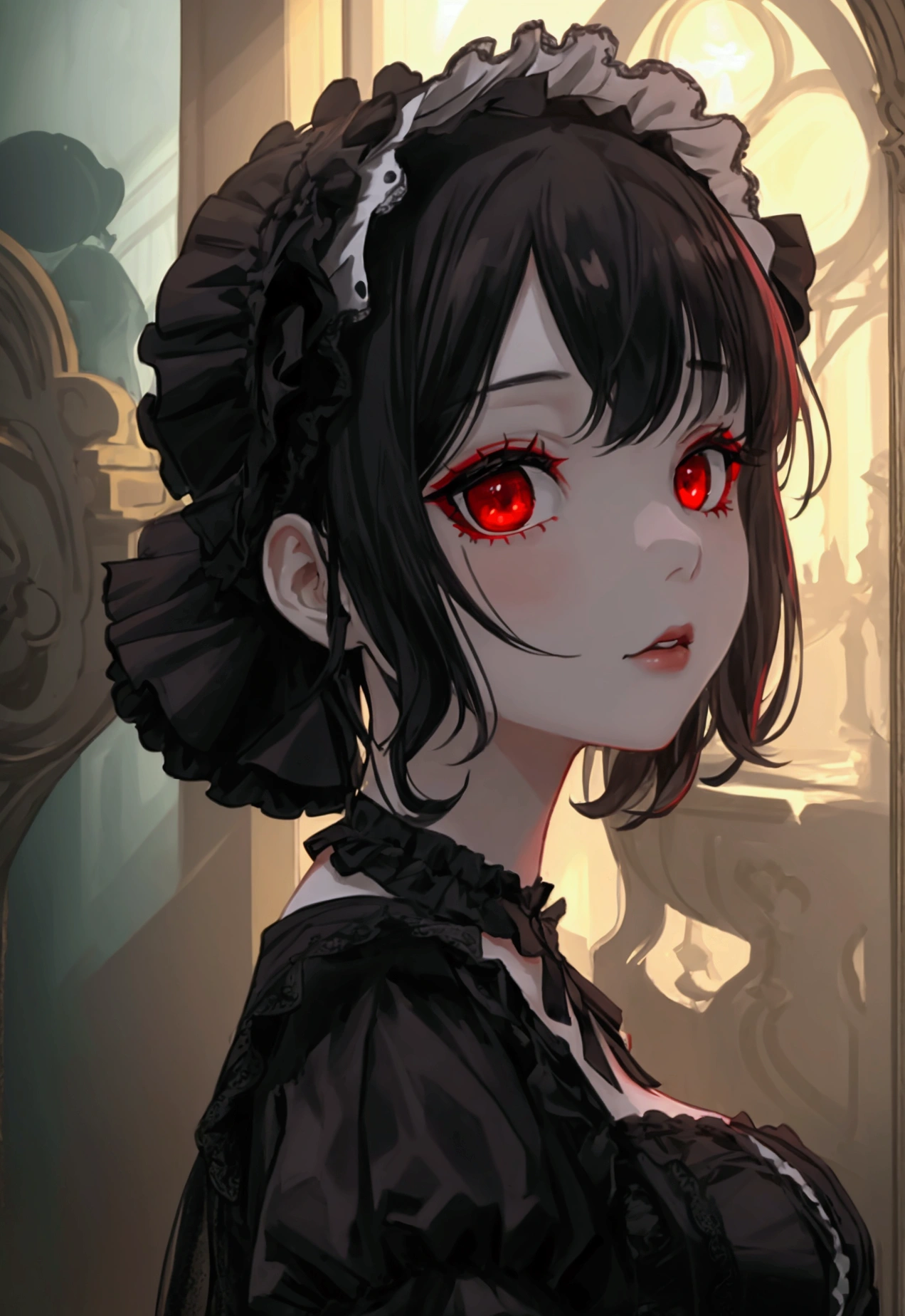 Doll, girl, gothic, Lolita, dirty, full body, black dress, black hair, red eyes,