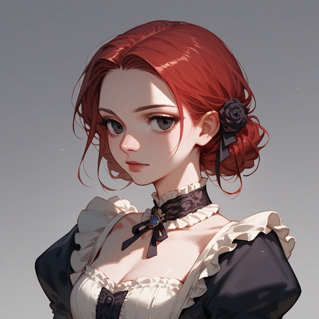 Girl, dark red hair, black eyes, Victorian fashion,