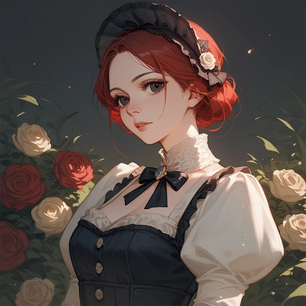 Girl, dark red hair, black eyes, Victorian fashion,
