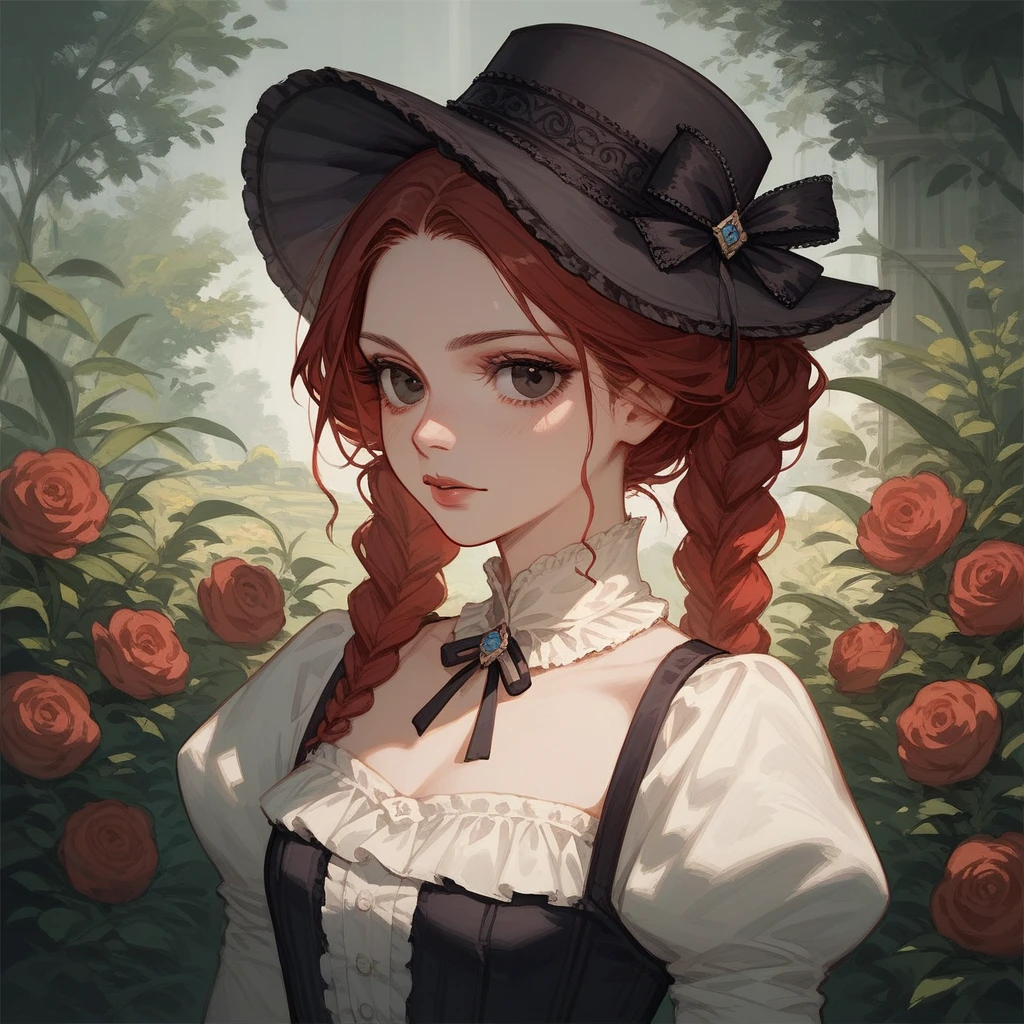 Girl, dark red hair, black eyes, Victorian fashion,
