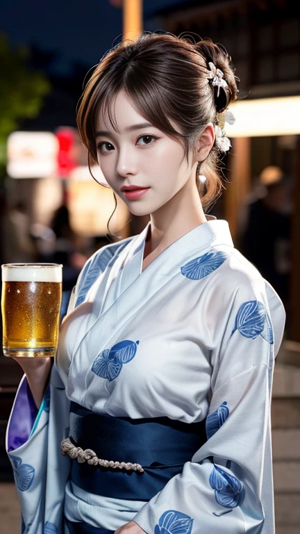 photography of a brightly sangmi nam who is korean actress,masterpiece,photorealistic,analog,realism,korean idol,slim leg, long_brown_hair,1 girl, very bright backlighting, solo, {beautiful and detailed eyes},large breasts, calm expression, natural and soft light,delicate facial features, Blunt bangs, beautiful Korean girl, eye smile,22yo, ((model pose)), Glamor body type,half red and half hair, flim grain, realhands, masterpiece, Best Quality, photorealistic, ultra-detailed, finely detailed, high resolution,brown messy hair, perfect dynamic composition, beautiful detailed eyes,Korean girl,((nervous and embarrassed)),sharp-focus, beautymix, FilmGirl,(hair in an updo:1.3),(wearing a japanese yukata:1.3),facing reality,shy smile,(The girl must be standing while holding a beer mug:1.3),(night scene:1.3),(upperbody shot:1.3)