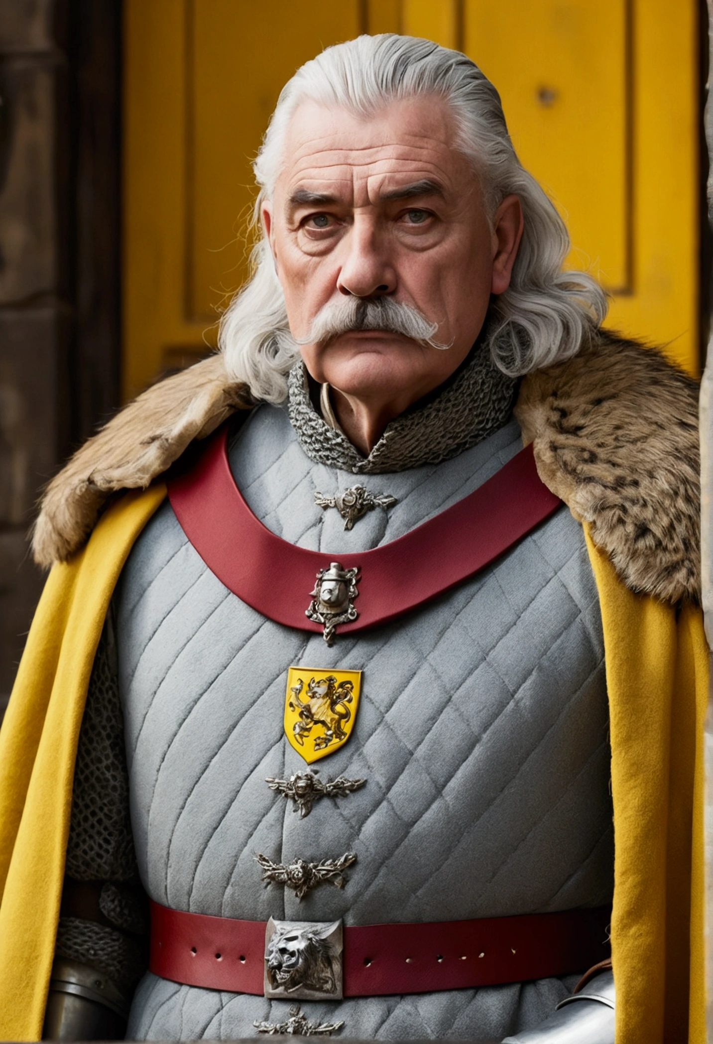 A knight of 60 years, big-boned, broad-shouldered, barrel-chested, strong sharp features, thick grey mustache, no beard, white hair close-cropped. Sad pale-grey eyes, grey eyebrows. He wears mail and above a yellow woolen surcoat with a lion as coat of arms.