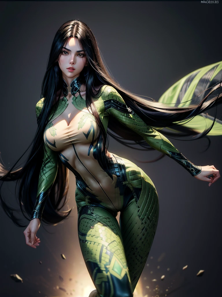 skin-tight ((best quality)), ((4k)), ((highres)), ((masterpiece:1.2)). ((detailed)), ((ultra realistic)), ((intricate details)), ((full body picture)), ((character design sheet)), ((blank background)), a full body picture of a beautifull persian female, persian woman, persian princess, persian model, perfect face, gorgeous face, detailed eyes, detailed lips, ((luscious red lips)), ((vivid green eyes)), about 30 years old, about 5'7 ft. tall, long black hair, ((emphasis on her long black hair)), perfect body, hourglass body type, dressed in a skin-tight green bodysuit, ((emphasis on her skin-tight green bodysuit)), full-body outfit, ((emphasis on full body outfit)), seductress character, femme fatale, superhero character, superhero concept art, superhero character concept art, full body, full body concept art, full body art
