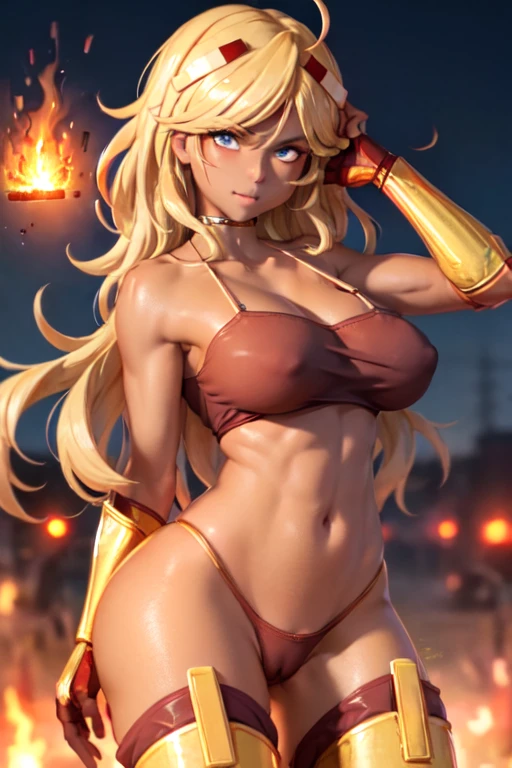 (masterpiece, best quality:1.2), cowboy shot, solo, 1girl, mcblaze, dark skin, dark-skinned female, fit female, abs, radiant beautiful happy face, looking at viewer, hand on hip, ahoge, underwear, panties, thighhighs, fingerless gloves, cleavage, fire, huge breasts, nipples through clothes, cameltoe, beautiful face, wide hips, beautiful eyes, blue eyes