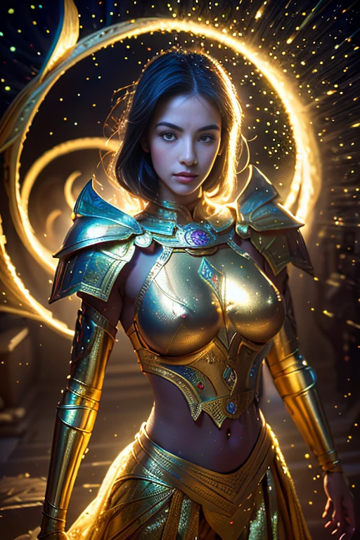 beautiful warrior woman in golden greek armor, Jet black hair, hoplite helmet, muscular, huge naked breasts, I look at the viewer, foreground, model photo poses, work of art, best qualityer, 8 mil, nblurry background, medieval fantasy castle in the background, (best qualityer,4K,8k,high resolution,work of art:1.2),ultra detali,(realisitic,photorealisitic,photo-realisitic:1.37),quantum mechanics,Mystery,beautiful girl,universal truth,illustration,cosmic scenario,surreal elements,swirly vibrant colors,hidden messages,ethereal atmosphere,Magic Effects,infinitely detailed quantum equations,intricate patterns,breathtaking visuals,subtle hints of the unknown,supernatural dimensions,divine symmetry,cosmic harmony,transcendental beauty,deep metaphysical meaning,hauntingly beautiful girl,sublime revelation,subatomic particles dancing gracefully,whispered secrets of the universe,inspiring universe,Deep lighting,fleeting glimpses of reality,cosmic illumination,pure curiosity,Quantum entanglement,secrets of existence revealed,Universal interconnection,sublime truth whispered in the wind,cosmic dance of particles,Indoor Exploration,quantum fluctuations,glowing celestial spheres,Mystical symbols,interdimensional door,transformative journey through space and time,Heavenly beauty unfolding before your eyes,awaken subconscious,serene essence of the universe.
