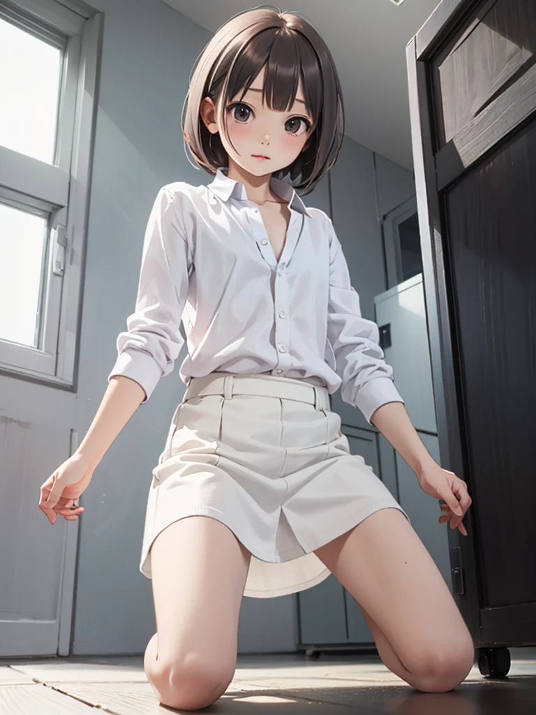 masterpiece, best quality, nodoka1, 1girl, solo, 8years old, flat chest, white blouse, white mini skirt, kneeling, open legs, from below