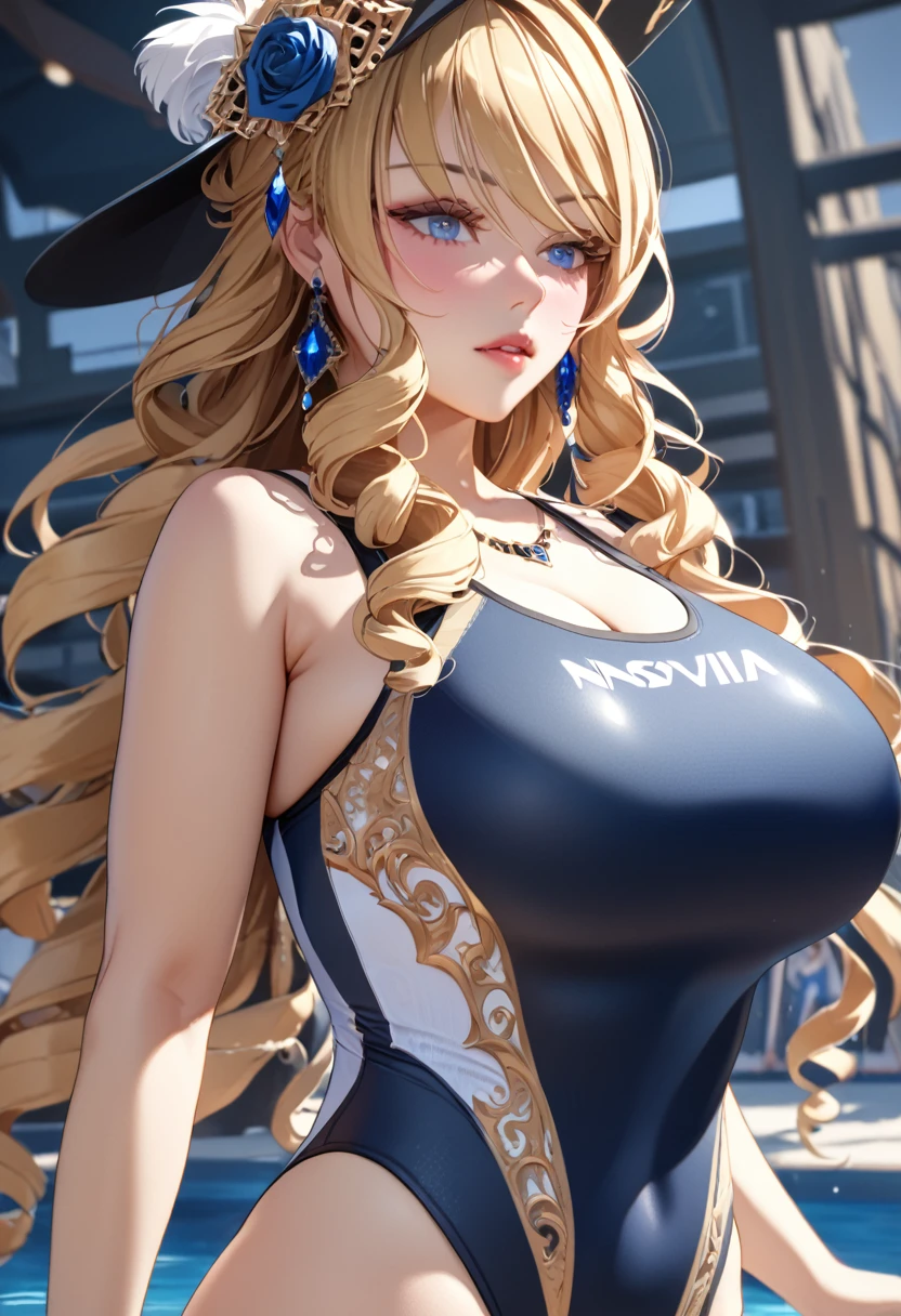 anime, ultra detailed, hyper detailed, best quality, highres, 4K , master piece, 1 female, -yeld,  ia, competition swimsuit, gigantic, huge breast