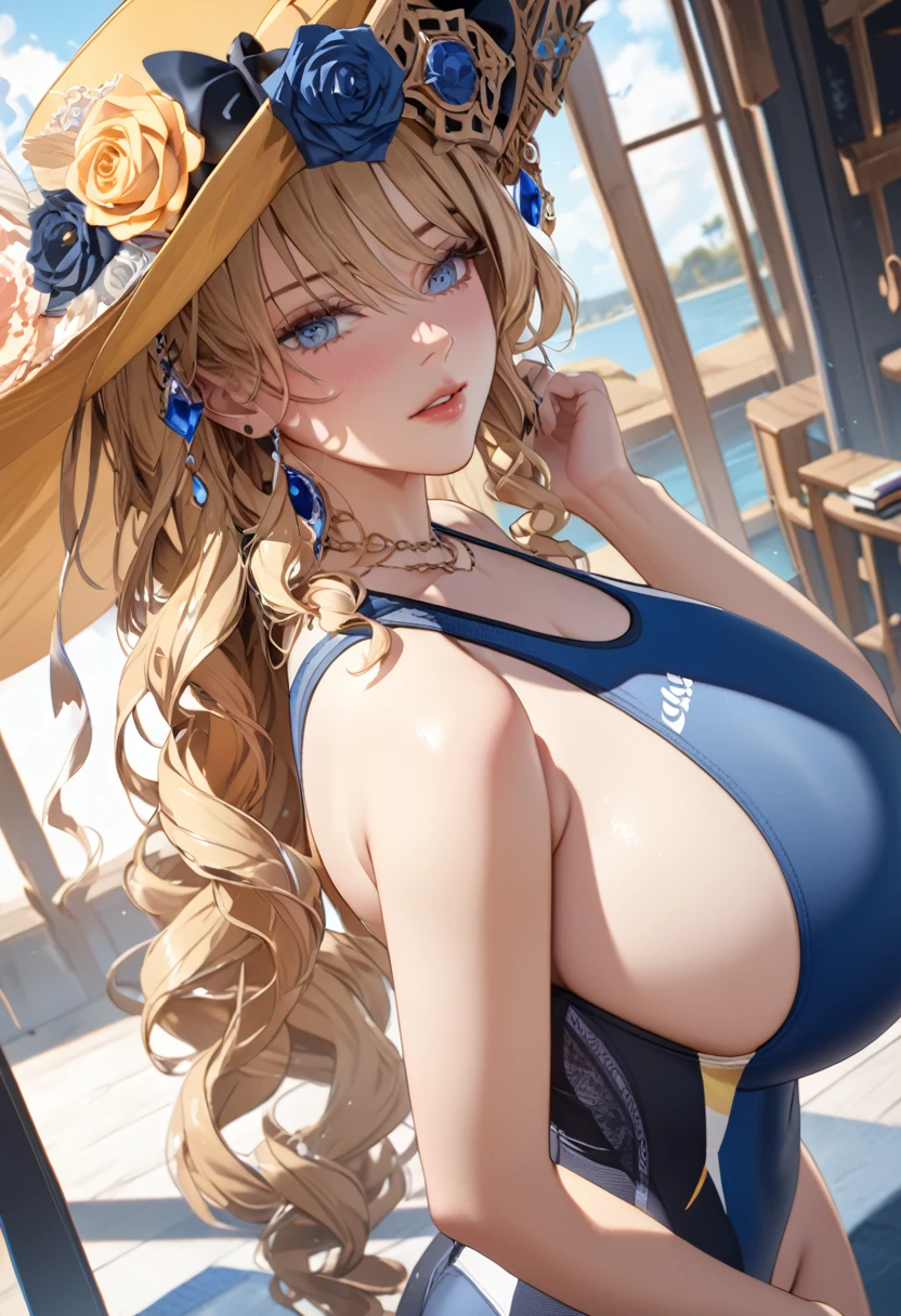 anime, ultra detailed, hyper detailed, best quality, highres, 4K , master piece, 1 female, 17-year-old, Navia, competition swimsuit, gigantic, huge breast