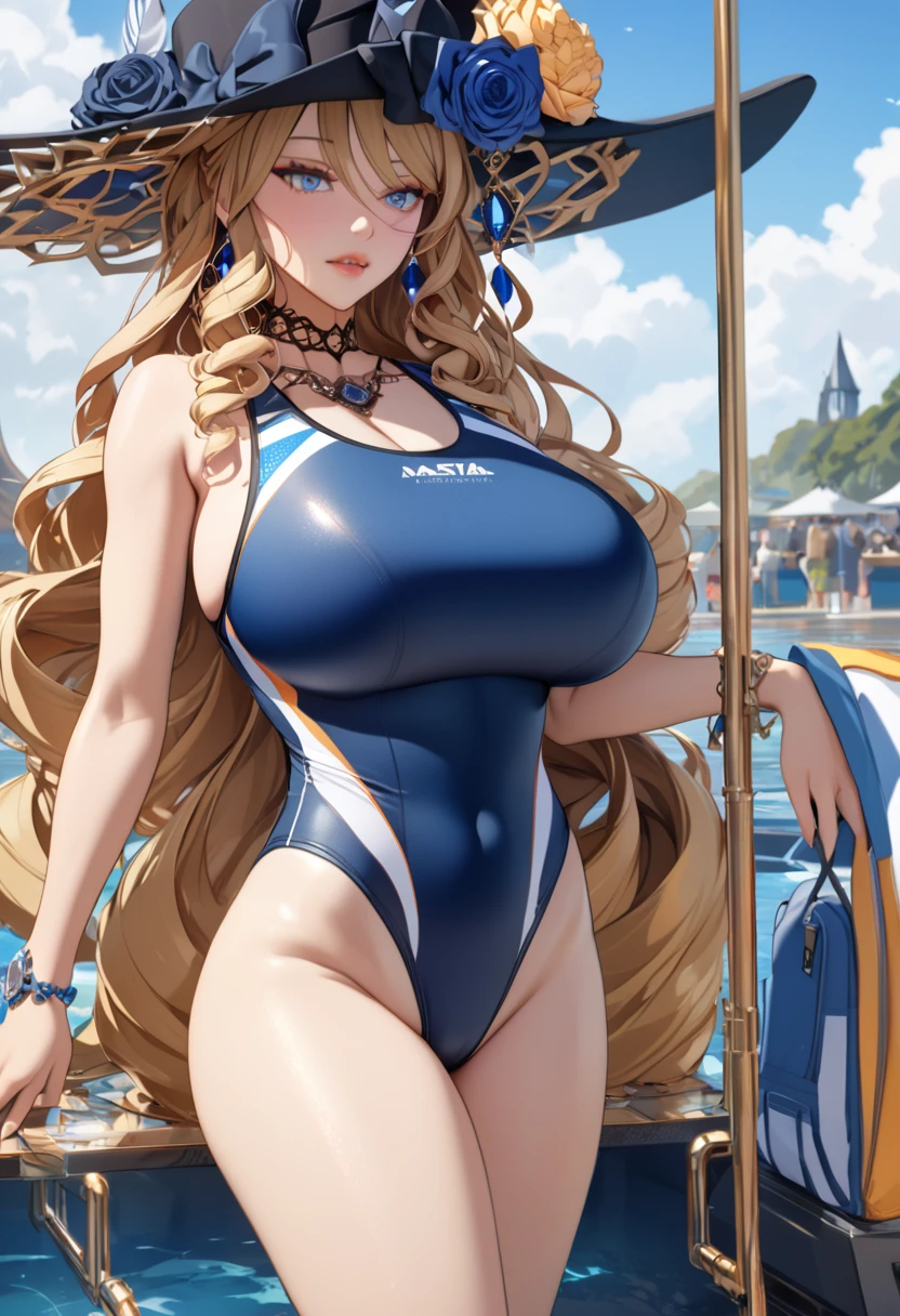 anime, ultra detailed, hyper detailed, best quality, highres, 4K , master piece, 1 female, 17-year-old,  Navia, competition swimsuit, gigantic, huge breast