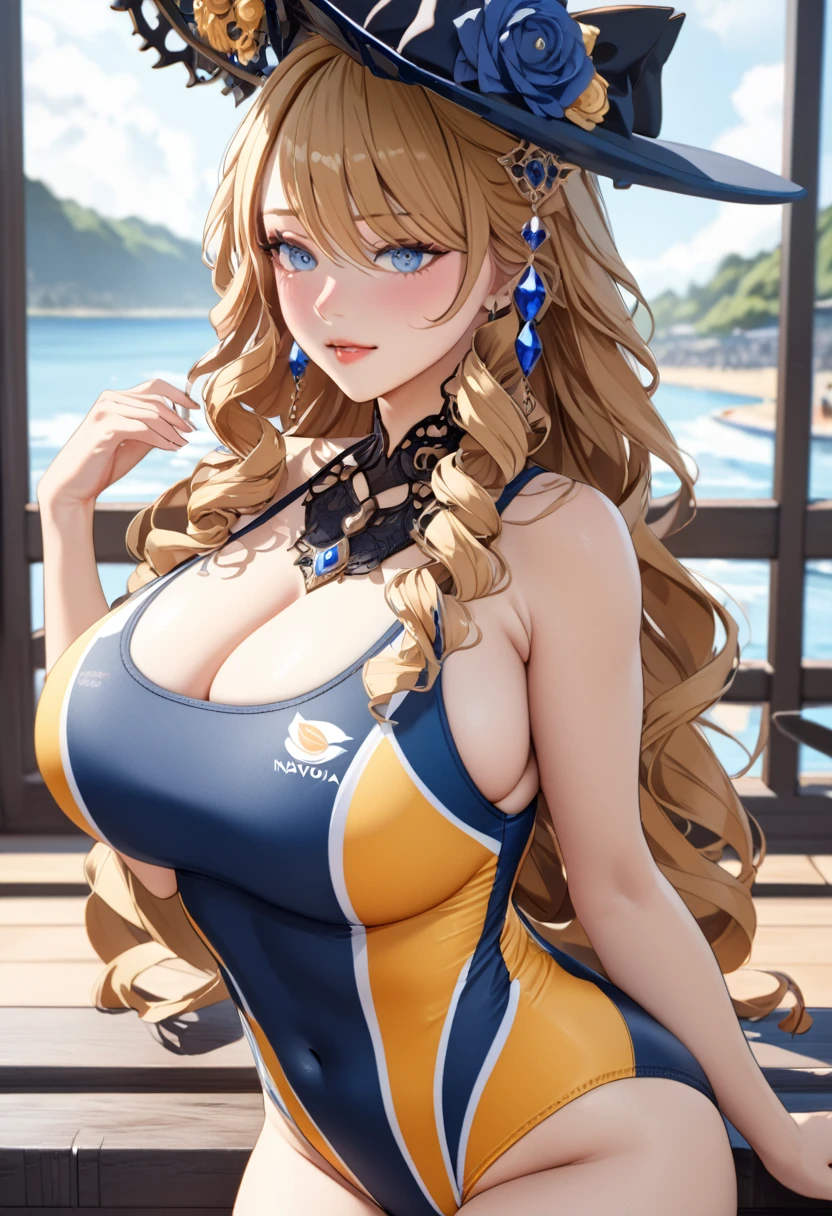 anime, ultra detailed, hyper detailed, best quality, highres, 4K , master piece, 1 female, 17-year-old,  Navia, competition swimsuit, gigantic, huge breast