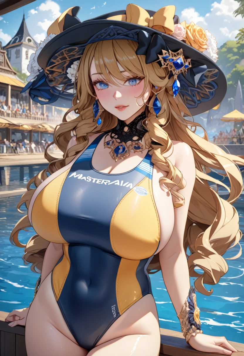 anime, ultra detailed, hyper detailed, best quality, highres, 4K , master piece, 1 female, 17-year-old,  Navia, competition swimsuit, gigantic, huge breast