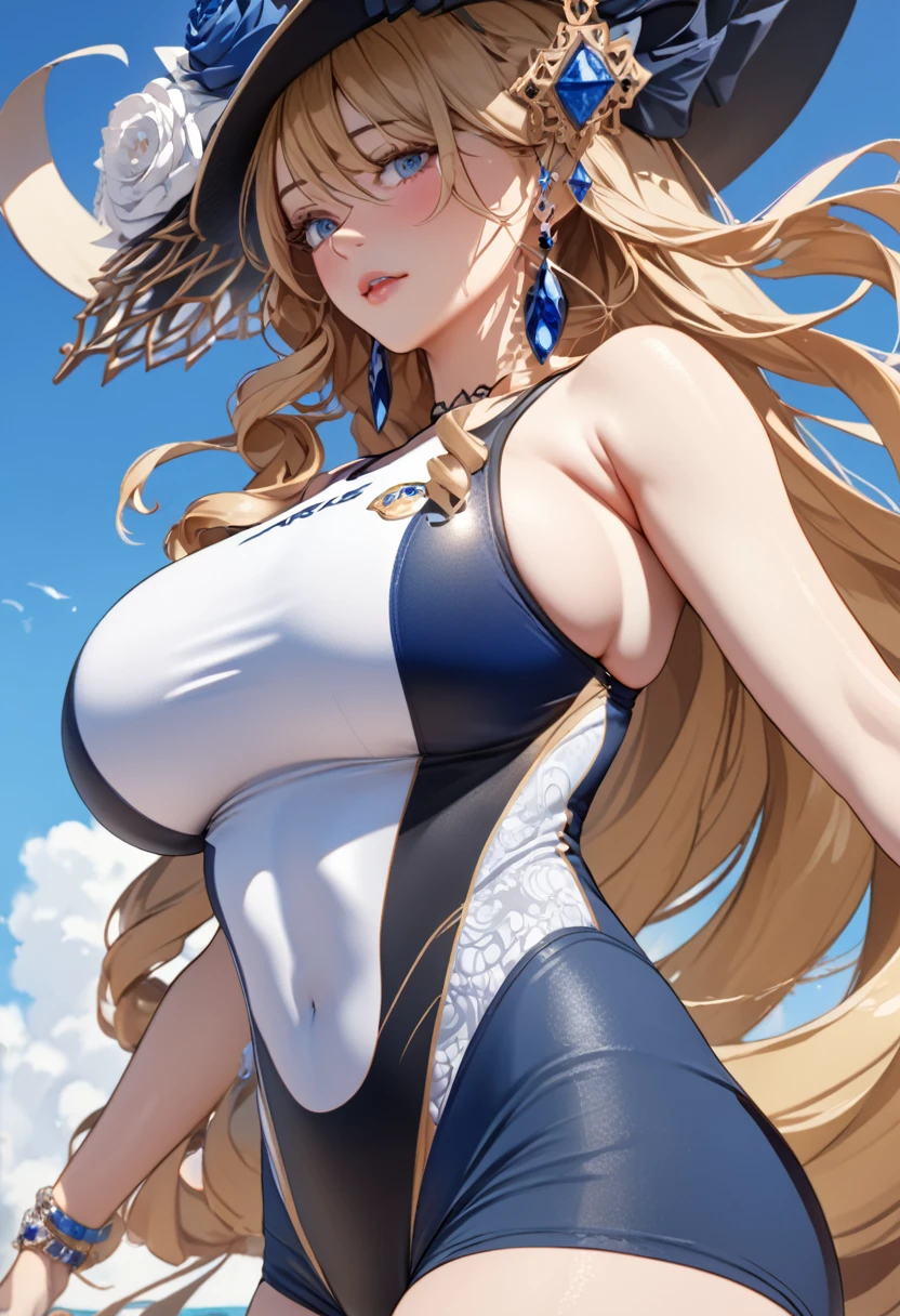 anime, ultra detailed, hyper detailed, best quality, highres, 4K , master piece, 1 female, 17-year-old,  Navia, competition swimsuit, gigantic, huge breast