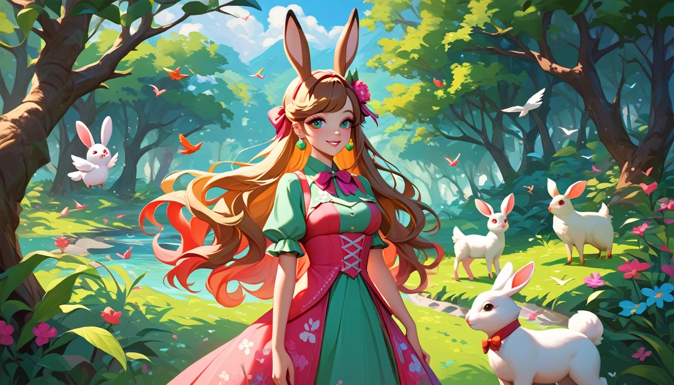 /imagine prompt: Anime, personality: [Open a vibrant landscape featuring lush forest, filled various animals like rabbits, deer, and birds In the foreground, center stage, stands Taurus, a young woman with flowing hair adorned floral accents, her outstretched as if summoning wildlife. Her expression is serene and confident, embodying a deep connection to nature.]