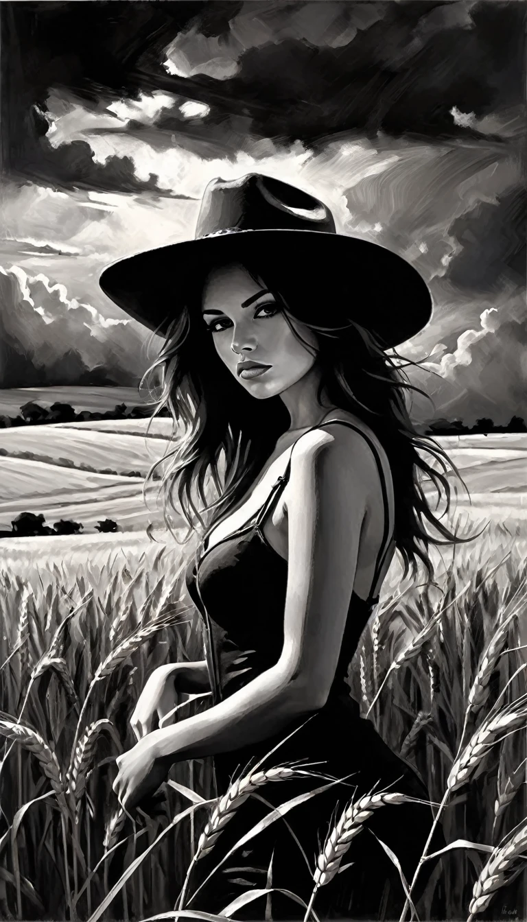 a sexy girl with a cowboy hat, in the middle of a wheat field, serious, staring, dark clouds, eroticism, sexy image, black and white, between shadows, oil painting, chiaroscuro, sensual lighting, dramatic atmosphere, changing, emotional impact, art inspired by Bill Sienkiewicz
