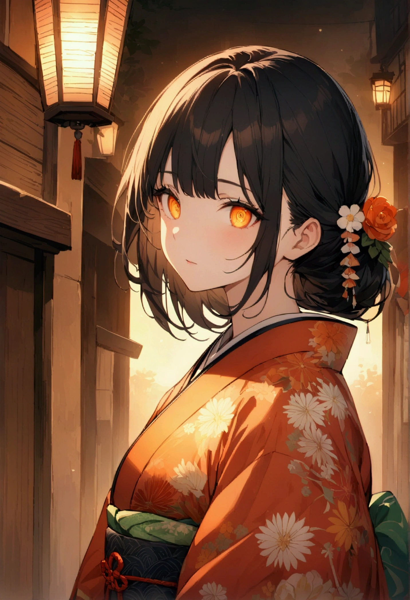 masterpiece, Highest quality, Super detailed, Detailed eyes, Upper Body Shot, Long characters, Intricately styled black hair. Characters、She is wearing a detailed kimono with vibrant orange floral patterns.。, white, Green and. They are、I'm standing in an alley lined with old-fashioned street lamps emitting a warm light.。, Create a peaceful atmosphere, Historical Japanese Stage. To maintain anonymity、The character's face is obscured by a pixelated area。