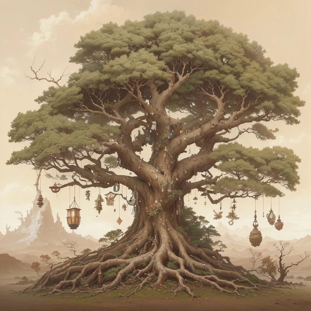 there is a tree with many hanging objects on it, ancient tree, ghibli tom bagshaw, fantasy tree, kerem beyit, rooted lineage, by Kerembeyit, by Kim Hwan-gi, a beautiful artwork illustration, world tree, yggdrasil, ancient trees, tree of life, the tree of life, by Jung Park, collective civilization tree