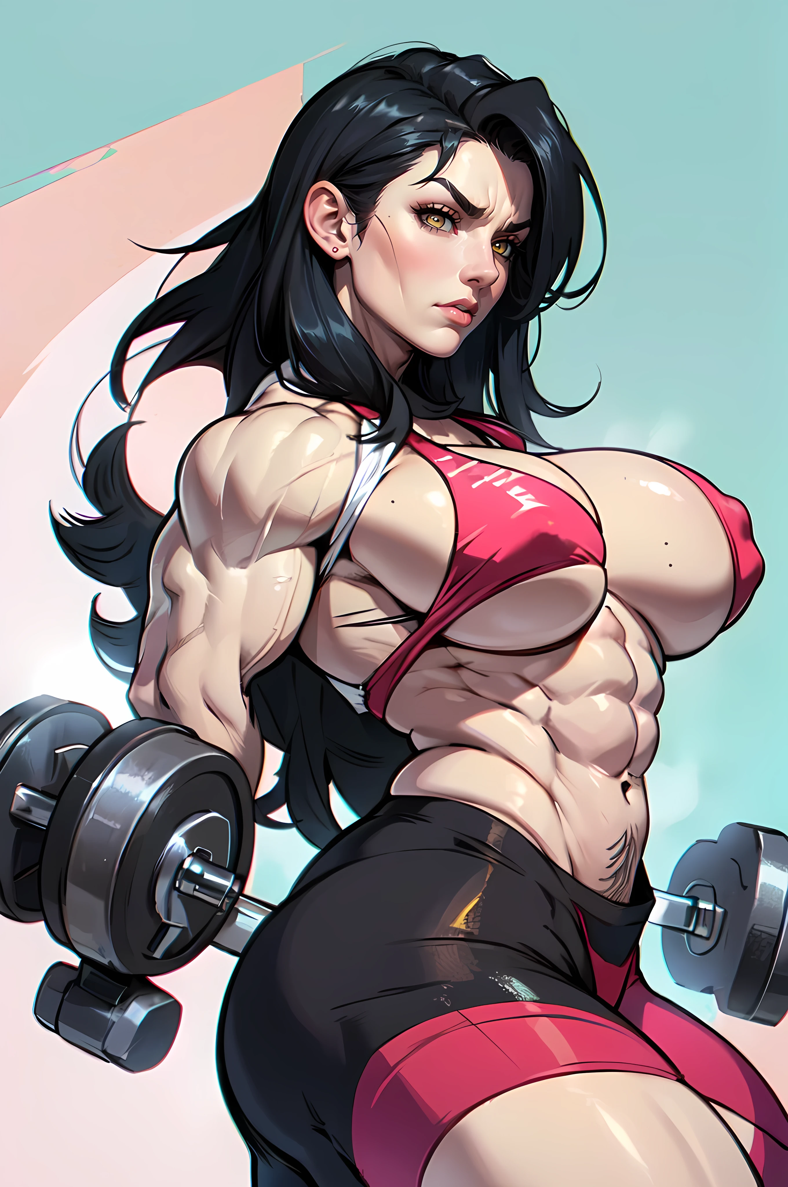 ((1 girl)), extremely long hair, solo, (Massive Female Bodybuilder:1.8), veins, black hair, yellow eyes, pale skin, strong, veins, abs, (Huge :2), sulking tight shirt,