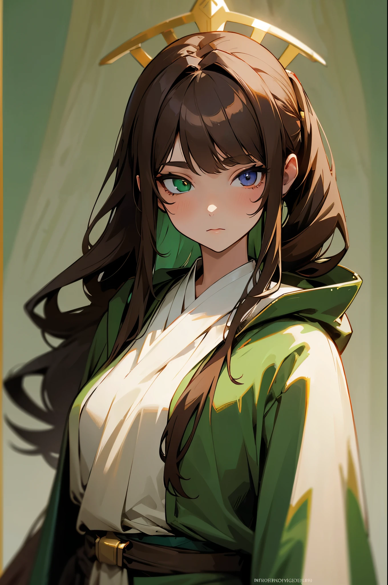 [[[masterpiece, ultra-detailed, best quality,]]] portrait, close-up shot, brown hair, heterochromia druid, magic, long hair, side ponytail, slender body, throne room background, green druid robe