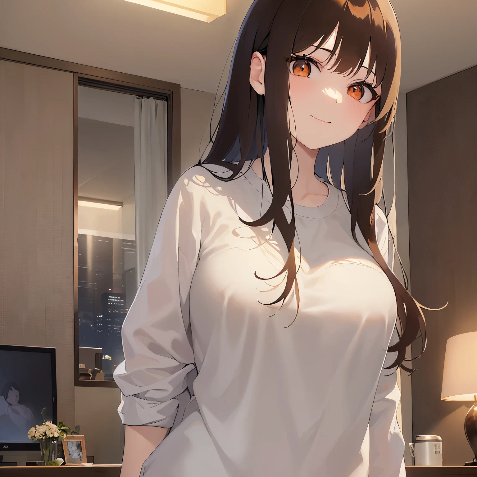 wearing an oversized men's shirt. The shirt is too large for her, giving a baggy and loose appearance. (night:1.5), upper body, (pale skin: 1.2), shiny skin, shiny hair、(A 25-year-old woman with medium-length hair and bangs) and (wavy hair) and (brown hair) and (orange eyes) , smile, The background is the living room、Alone、