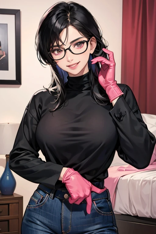 A mature woman with black hair and glasses wearing a black high-neck shirt and blue jeans is smiling while wearing oversized pink rubber gloves in her room