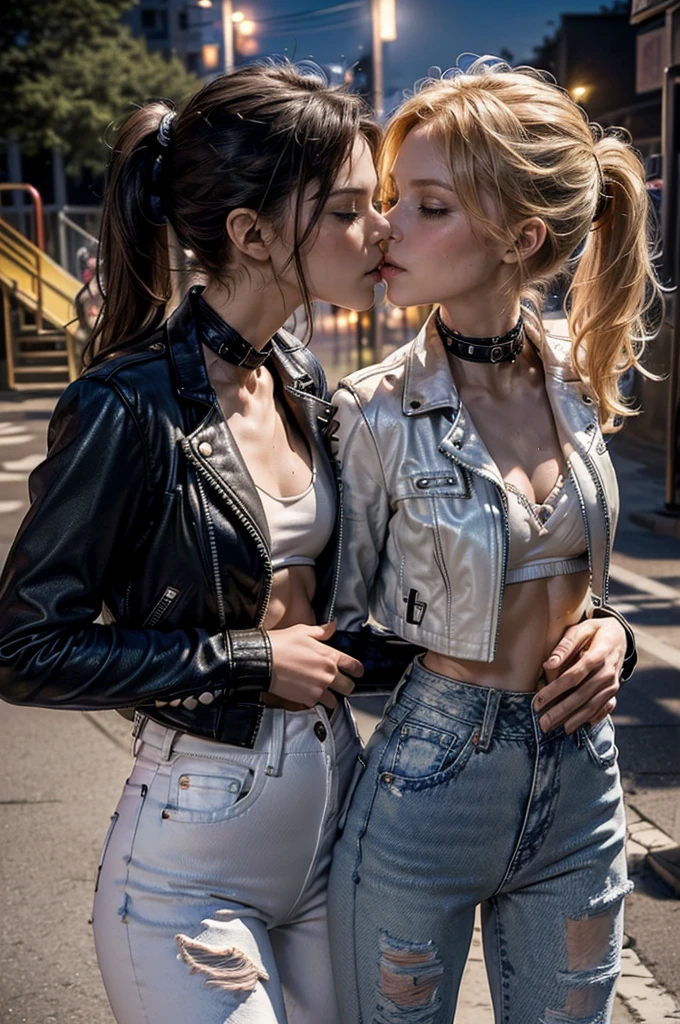 (Detailed illustrations, Very detailed and detailed drawing, Delicate lines with slow and rapid, Realistic texture expression), Two women with long blond or ginger hair, ponytail or messy hair, (((passionate kissing))), kiss, (((eyes closed))), (((closed eyes))), erotic, (((one girl is touching the other sensually and grabbing her crotch))), ((intimate)), ((hand in pants)), ((empty street playground background with graffiti)), (((night time, street light))), standing in the street, (((very skinny figure, very thin waist, very narrow hips, very slim legs, large breast, athletic body))), punk, ((white bra)), exposed midriff, (((ripped and worn down jeans))), ((navel piercing)), strong abs, ((black collars)), ((((small open leather jacket)))), ((studded belt))