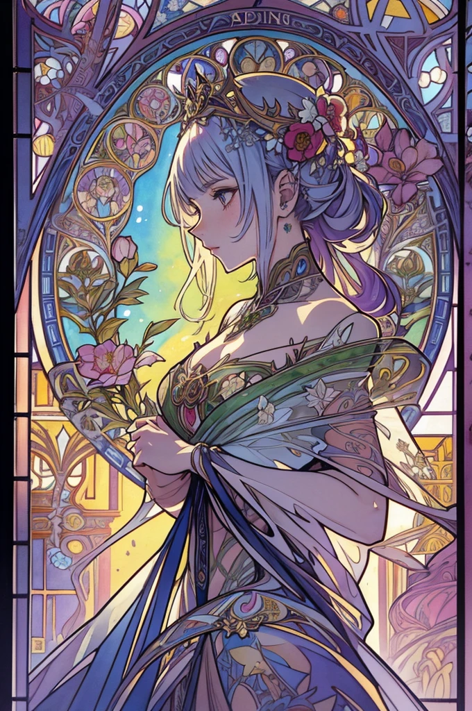 Depicts a beautiful woman with flowers in her hair、Stained glass, Highly detailed watercolor painting, The style of Alfons Maria Mucha and Gustav Kirmut, Art Nouveau accents, Fairy Princess, Anthropomorphic woman, Female figure, Detailed cover artwork, As the Flower Goddess, Alphonse Mucha, Gustav Klimt, Pale skin, Marble sculpture, society, Gothic art, Art Nouveau, Behance Contest Winner