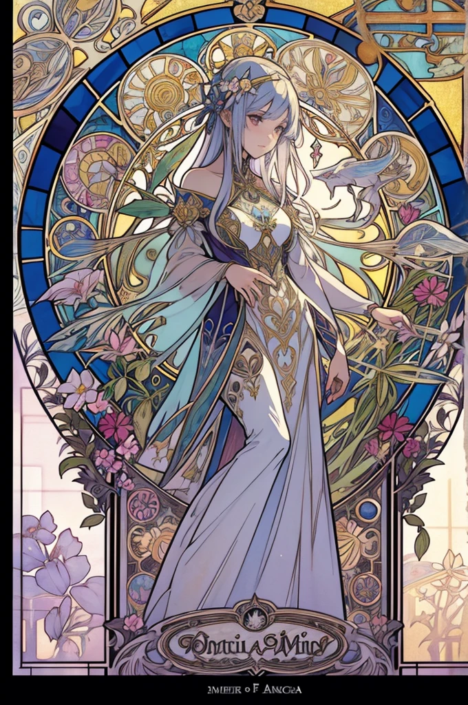 Depicts a beautiful woman with flowers in her hair、Stained glass, Highly detailed watercolor painting, The style of Alfons Maria Mucha and Gustav Kirmut, Art Nouveau accents, Fairy Princess, Anthropomorphic woman, Female figure, Detailed cover artwork, As the Flower Goddess, Alphonse Mucha, Gustav Klimt, Pale skin, Marble sculpture, society, Gothic art, Art Nouveau, Behance Contest Winner