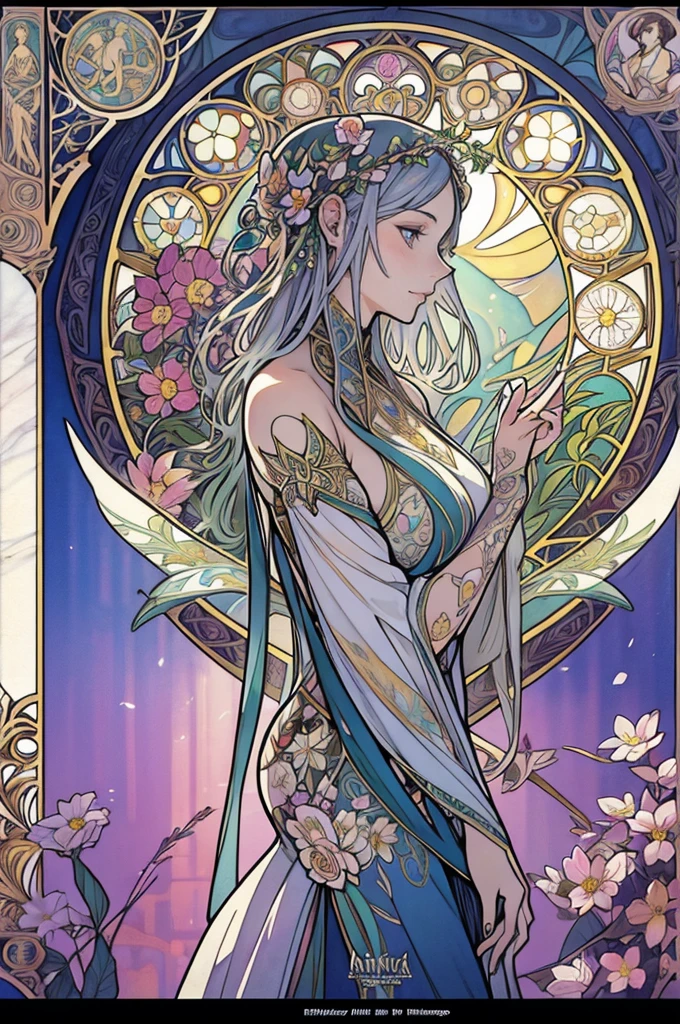Depicts a beautiful woman with flowers in her hair、Stained glass, Highly detailed watercolor painting, The style of Alfons Maria Mucha and Gustav Kirmut, Art Nouveau accents, Fairy Princess, Anthropomorphic woman, Female figure, Detailed cover artwork, As the Flower Goddess, Alphonse Mucha, Gustav Klimt, Pale skin, Marble sculpture, society, Gothic art, Art Nouveau, Behance Contest Winner