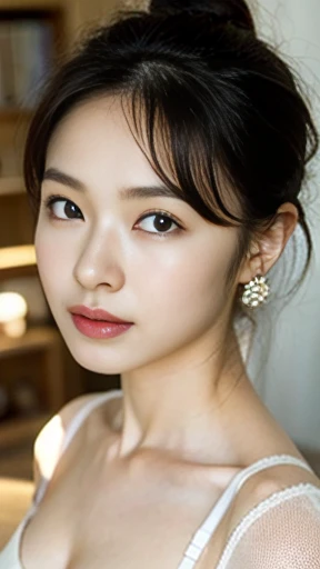 Front vies, standing pose, Gorgeous Young Korean Woman, 1 girl 30 yeas old,　(middle hair, brown hair, fringe, Tears, Thin outer eyebrows, Small eyes、Eyes are small compared to the face, little smile), (gold ring earring),( C cup breasts, slender whist, wide  hip), (White micro Bra, White micro pantie :1.3), black Hi-heal, on floor, under wear model  office, 