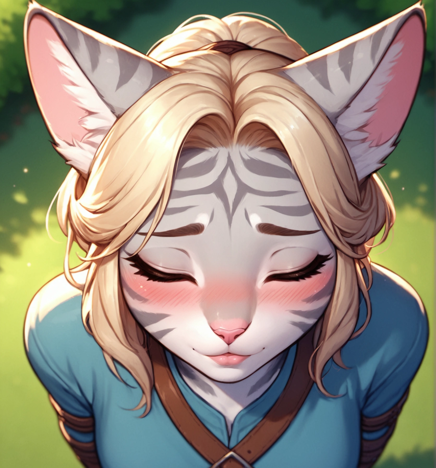 score_9,score_8_up,score_7_up, score_6_up, score_5_up,source_anime, Kat, Anthro furry feline, silver fur, grey stripes on body, blonde hair, pink nose, :3, 1girl,solo, incom, imminent kiss, closed eyes, facing viewer, parted lips,from above, cowboy shot, blushing, head tilted up, about to kiss viewer, she is wearing a blue tunic, leather belts, hands behind her back, head facing viewer, head up, outdoors, close up, portrait, kissing face, soft lips, lips focus, kiss focus,