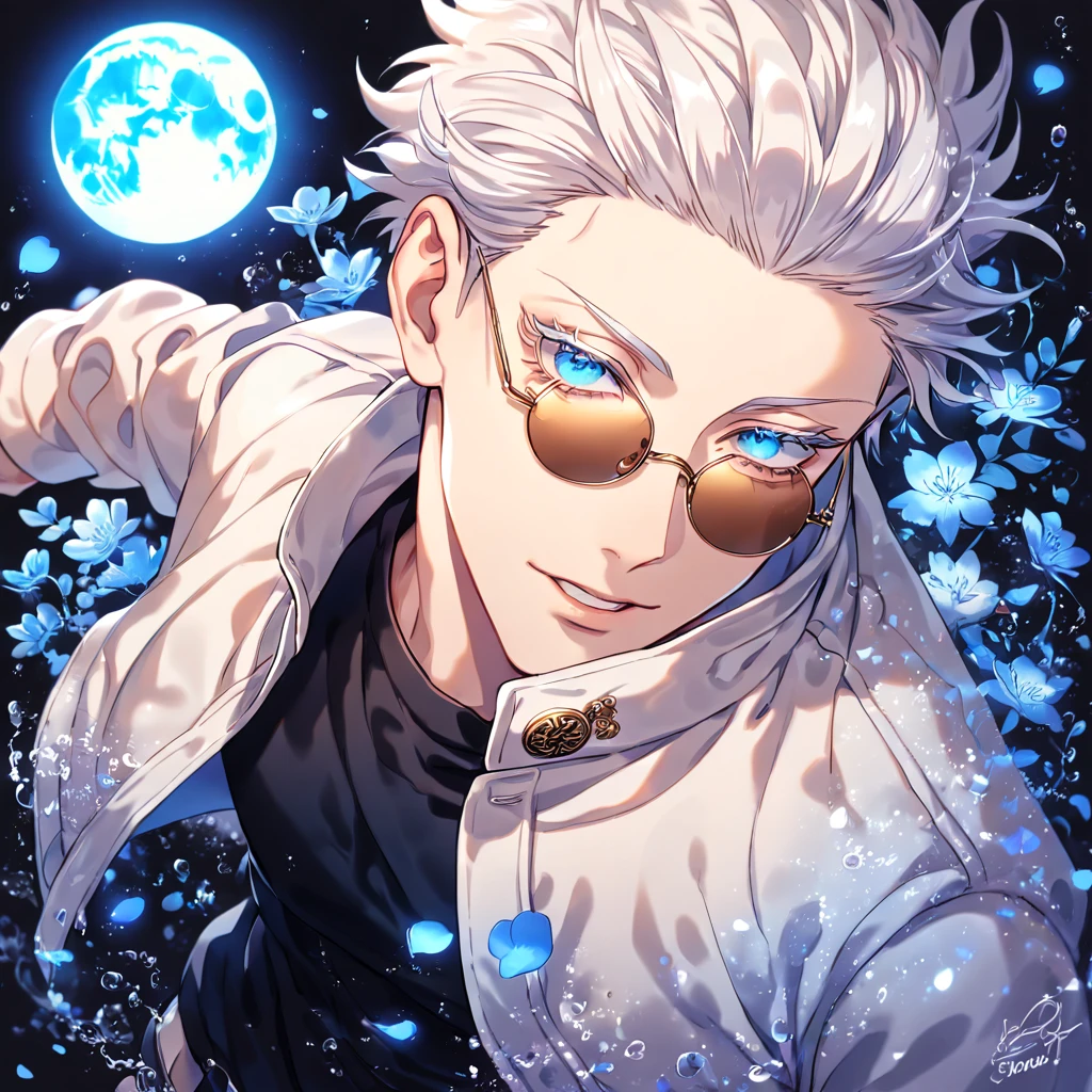 absurdres, highres, ultra detailed, HDR, master piece, Gojou Satoru, white hair, slicked back with bangs, white eyelashes, expressive blue eyes, amber round sunglasses, white cropped jacket, black shirt, Jujutsu Kaisen, sexy man, handsome, best quality, blue moon, flowers, fantasy, magical, solo, water, blue shining fireflies, blue petals, sensual,