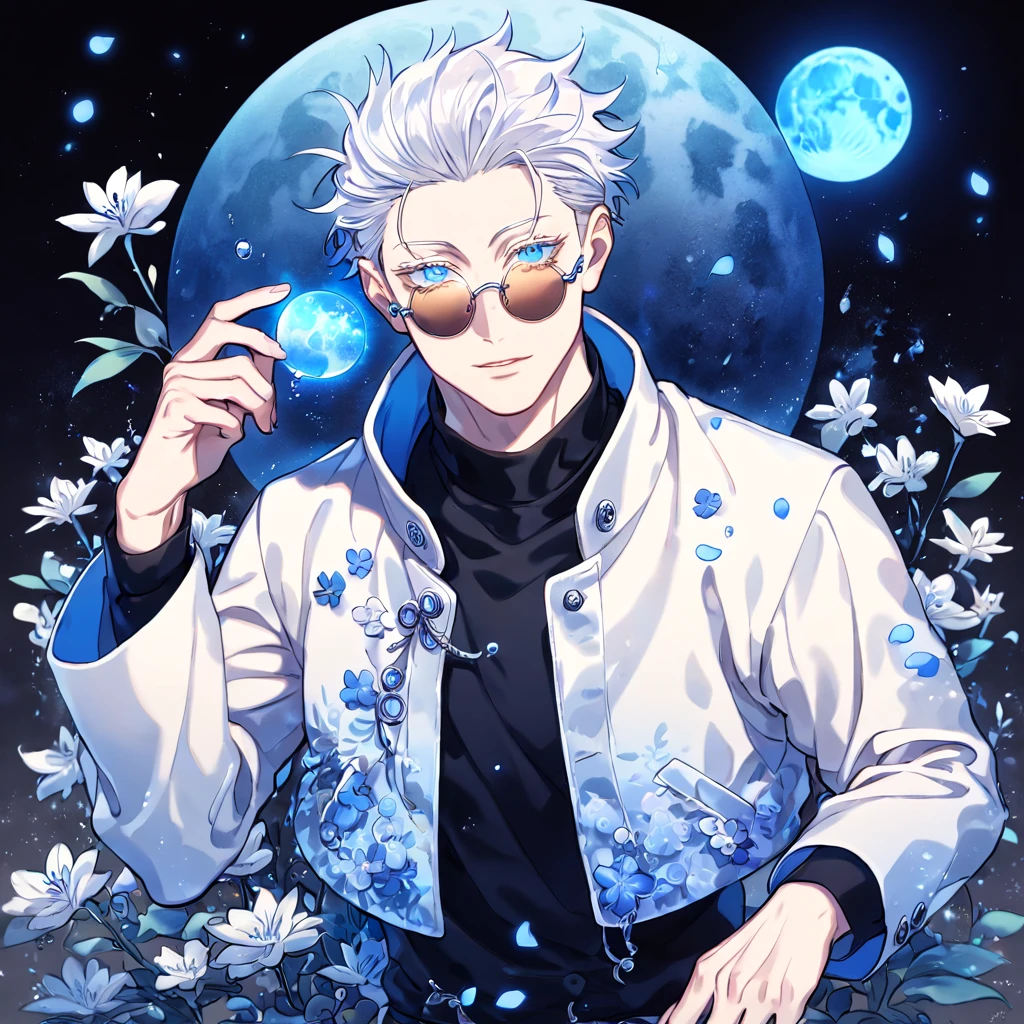 absurdres, highres, ultra detailed, HDR, master piece, Gojou Satoru, white hair, slicked back with bangs, white eyelashes, expressive blue eyes, amber round sunglasses, white cropped jacket, black shirt, Jujutsu Kaisen, sexy man, handsome, best quality, blue moon, flowers, fantasy, magical, solo, water, blue shining fireflies, blue petals, sensual,