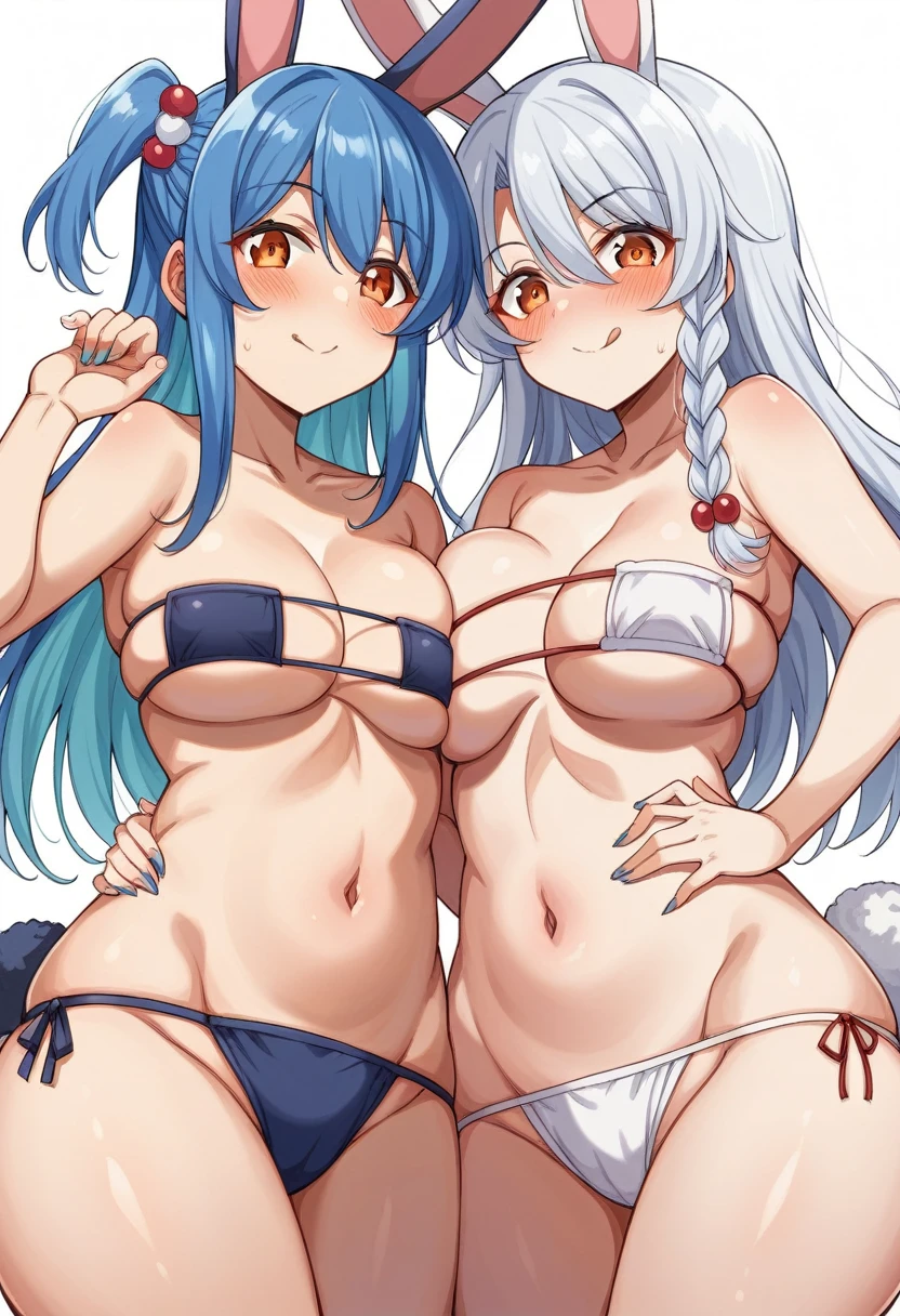 Usada Pekora、Long Hair、chest、Staring at the audience、blush、smile、bangs、Multiple Girls、大きなchest、hair ornaments、belly button、2 girls、Animal ears、underwear、Blue Hair、clavicle、tail、Braid、White Hair、Colorful Hair、tongue、tongue出し、 ears、ツインBraid、Two-tone hair、Orange eyes、Animal earsの毛、grab、うさぎのtail、Blue Claws、String、Mature Woman、Bunny Girl、食べ物をテーマにしたhair ornamentother and daughter、Eyepatch  bottoms only、にんじんのhair ornaments