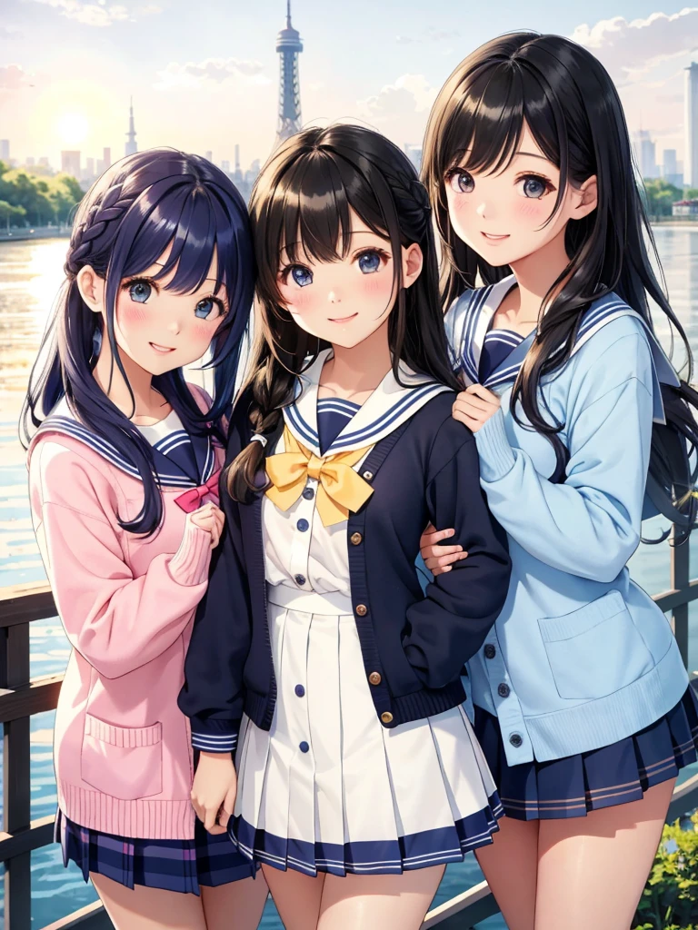 high quality、Detailed Background、Sky tree、observatory、new year、The sun rises、Three beautiful girls、Cute Hairstyles、Cute hair color、Cute colored sailor uniform、White sailor collar、Cute Checkered Pleated Skirt、Cute color school cardigan、Bright colored stockings、smile、Laughter、Panty shot